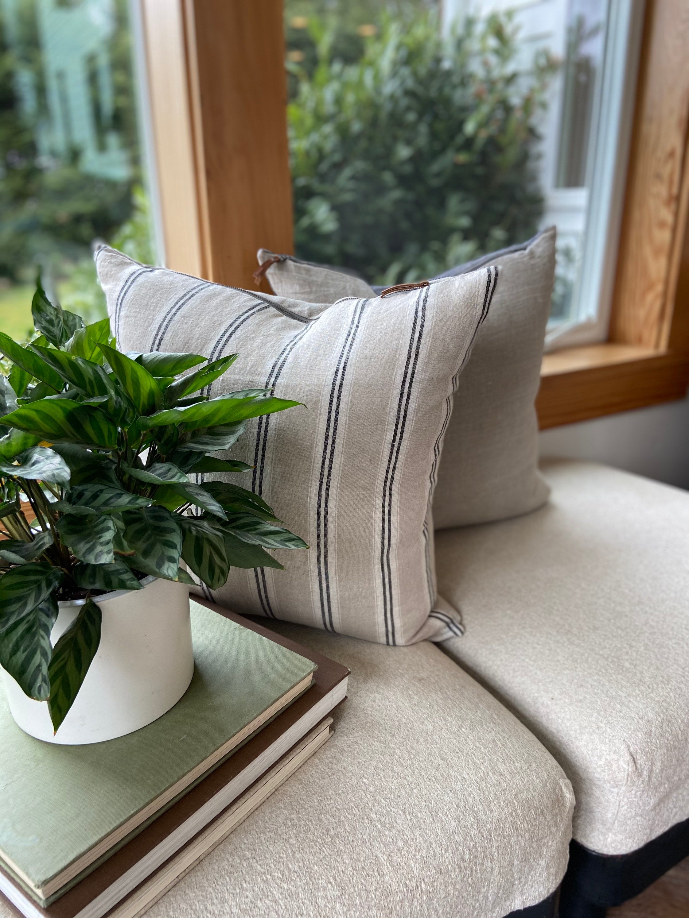 black white and Tan striped linen pillow cover exposed zipper-leather pull | 14x24 20x20 |high quality