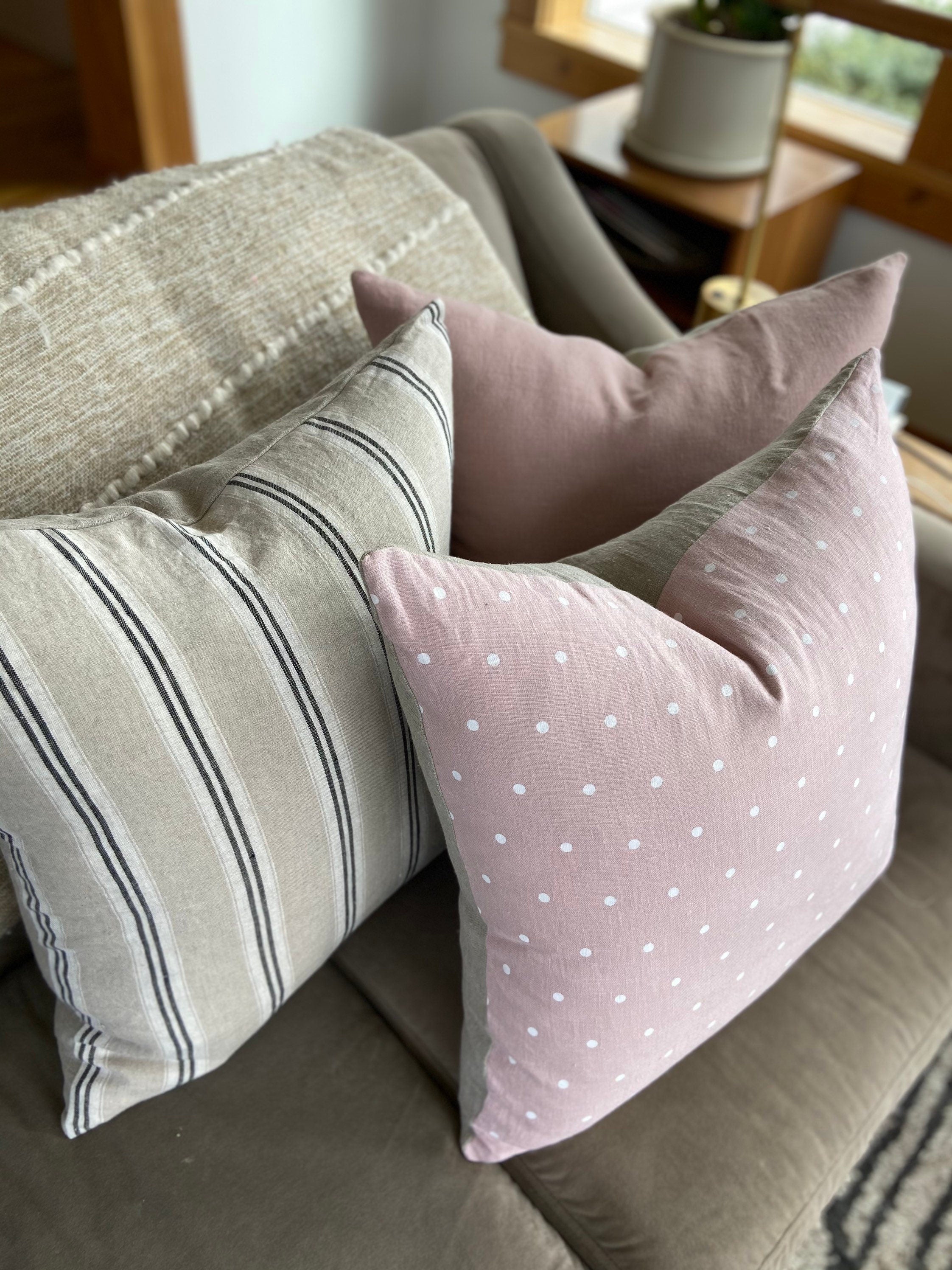 black white and Tan striped linen pillow cover exposed zipper-leather pull | 14x24 20x20 |high quality