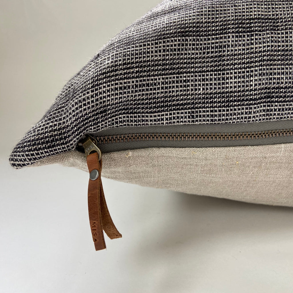 Black and white striped linen pillow cover exposed zipper-leather pull 14x24 20x20 22x22 24x24 100%linen housewarming gift