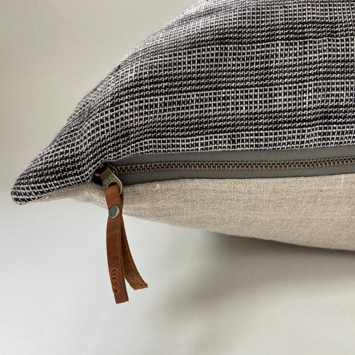 Black and white striped linen pillow cover exposed zipper-leather pull 14x24 20x20 22x22 24x24 100%linen housewarming gift