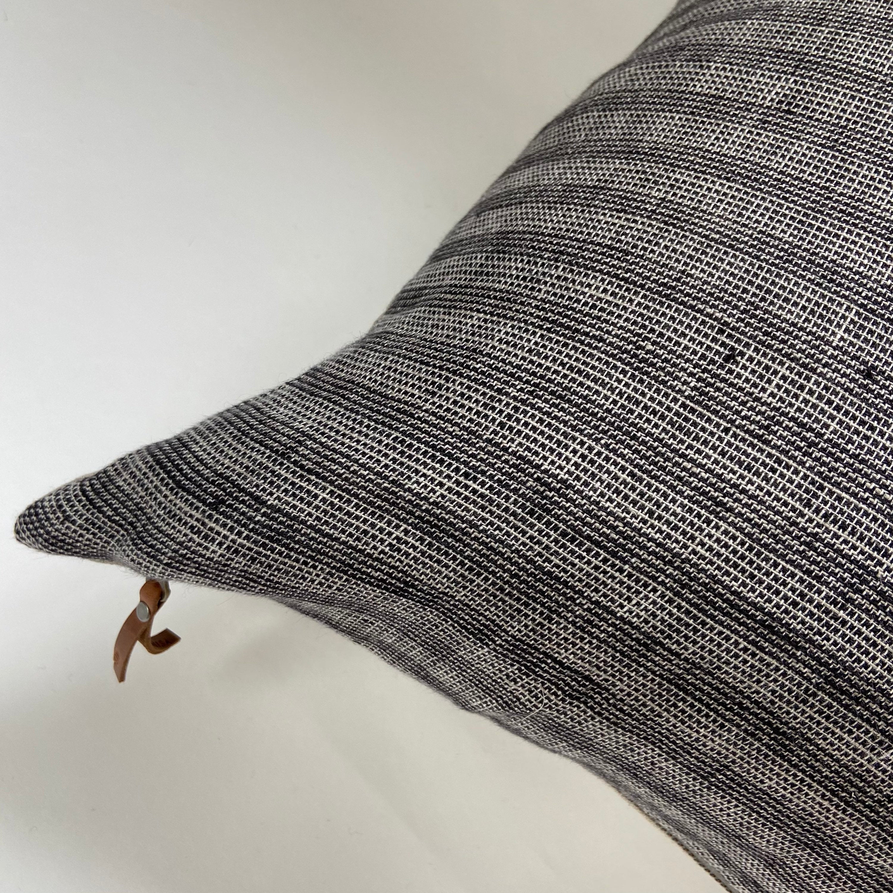 Black and white striped linen pillow cover exposed zipper-leather pull 14x24 20x20 22x22 24x24 100%linen housewarming gift