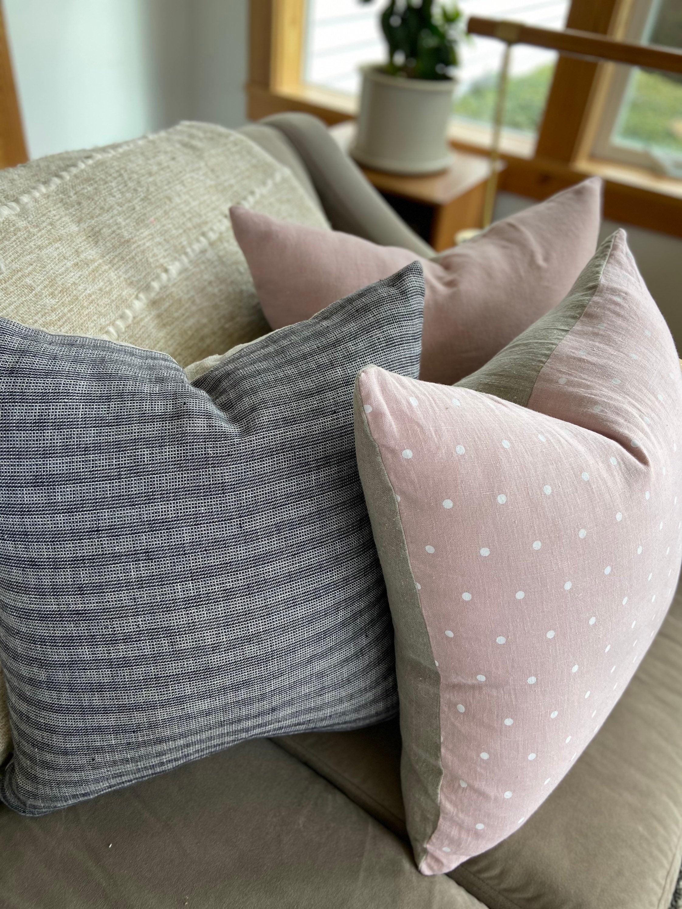 Black and white striped linen pillow cover exposed zipper-leather pull 14x24 20x20 22x22 24x24 100%linen housewarming gift