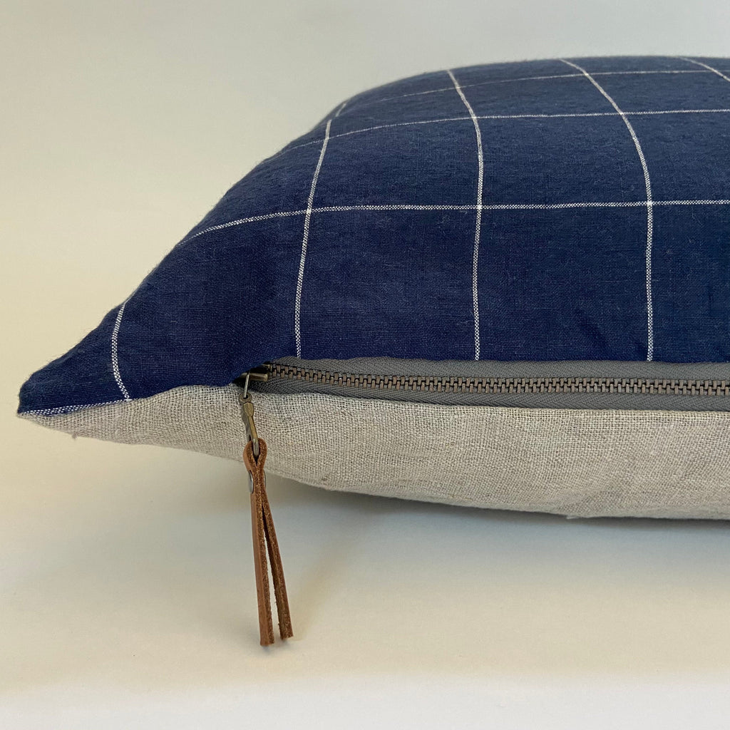 Navy and white checked linen pillow cover exposed zipper-leather pull 18x18 14x24 20x20 22x22 24x24 high quality housewarming gift