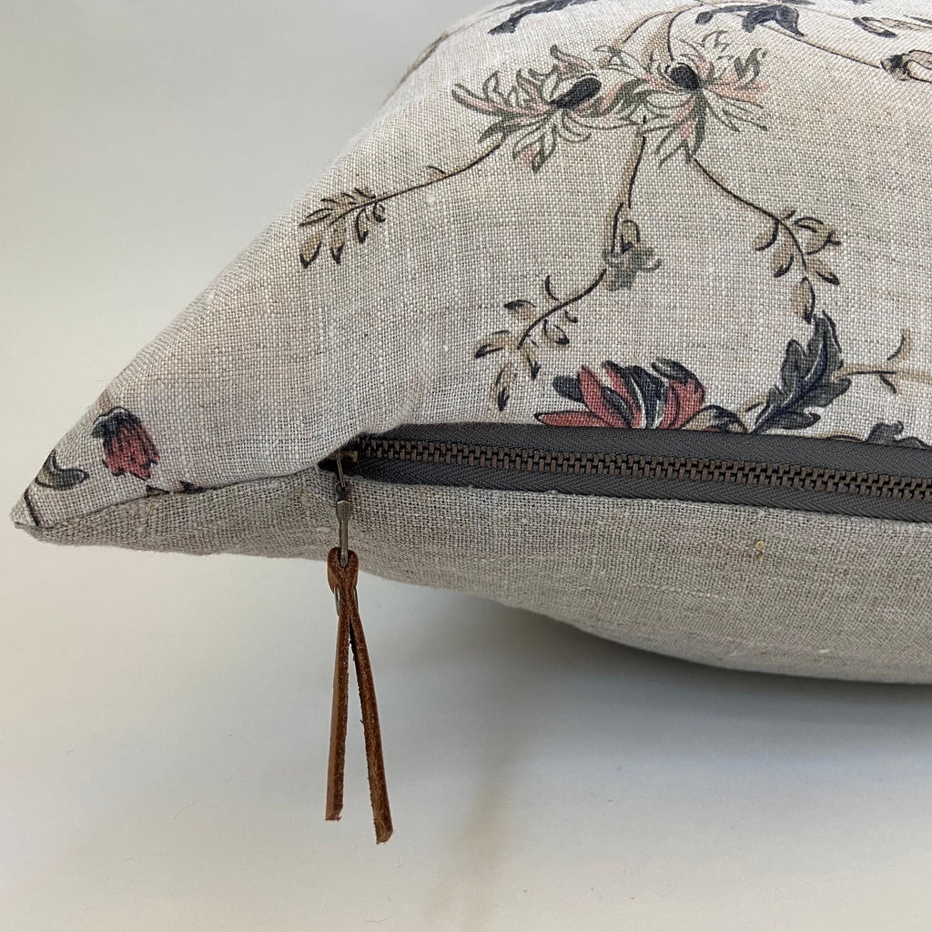 Pink floral linen pillow cover floral pillow exposed zipper-leather pull 14x24 20x20 22x22 24x24 high quality housewarming gift