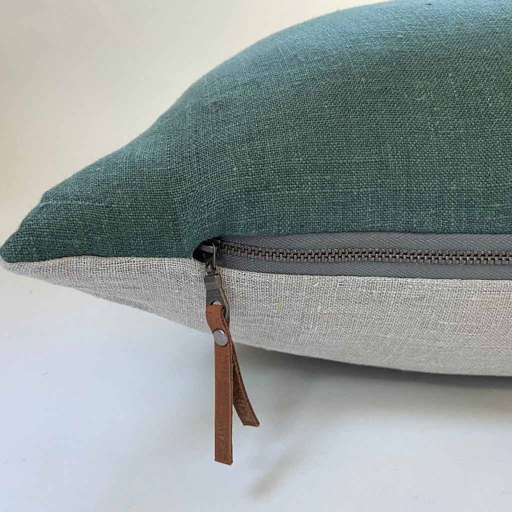 Green linen pillow cover dusty lotus with neutral linen backing exposed zipper-leather pull 20x20 14x24 22x222 24x24 handcrafted by misa