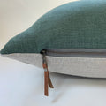 Green linen pillow cover dusty lotus with neutral linen backing exposed zipper-leather pull 20x20 14x24 22x222 24x24 handcrafted by misa