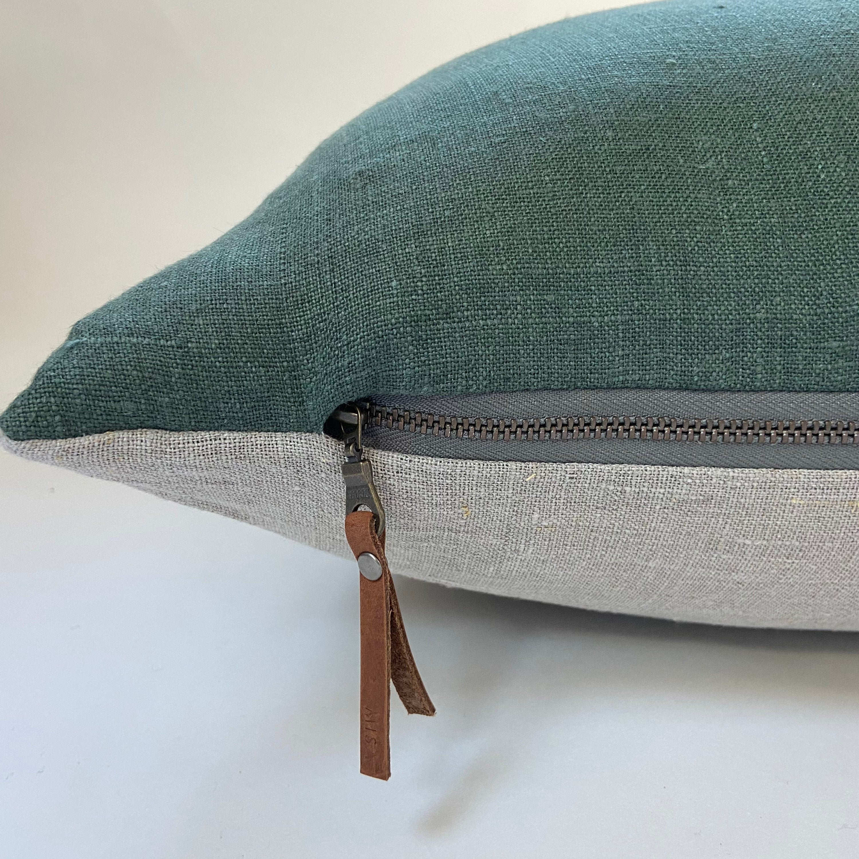Green linen pillow cover dusty lotus with neutral linen backing exposed zipper-leather pull 20x20 14x24 22x222 24x24 handcrafted by misa