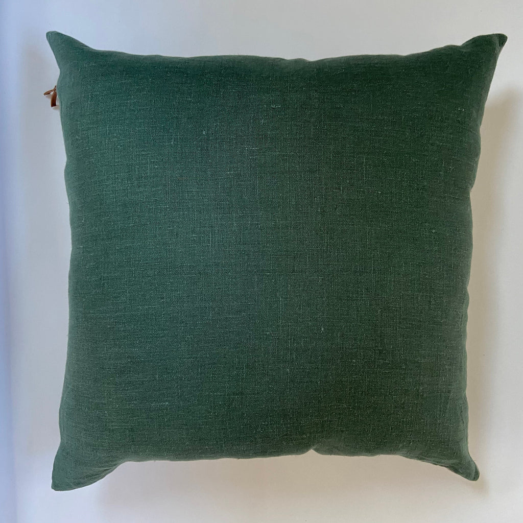 Green linen pillow cover dusty lotus with neutral linen backing exposed zipper-leather pull 20x20 14x24 22x222 24x24 handcrafted by misa