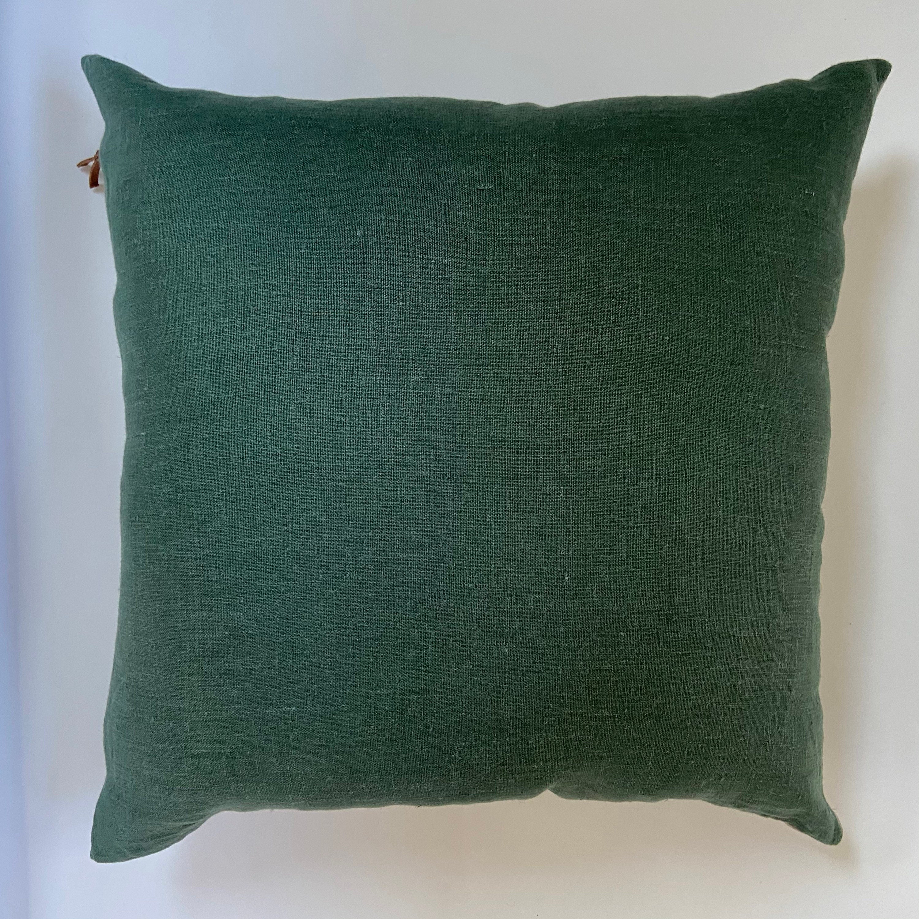 Green linen pillow cover dusty lotus with neutral linen backing exposed zipper-leather pull 20x20 14x24 22x222 24x24 handcrafted by misa