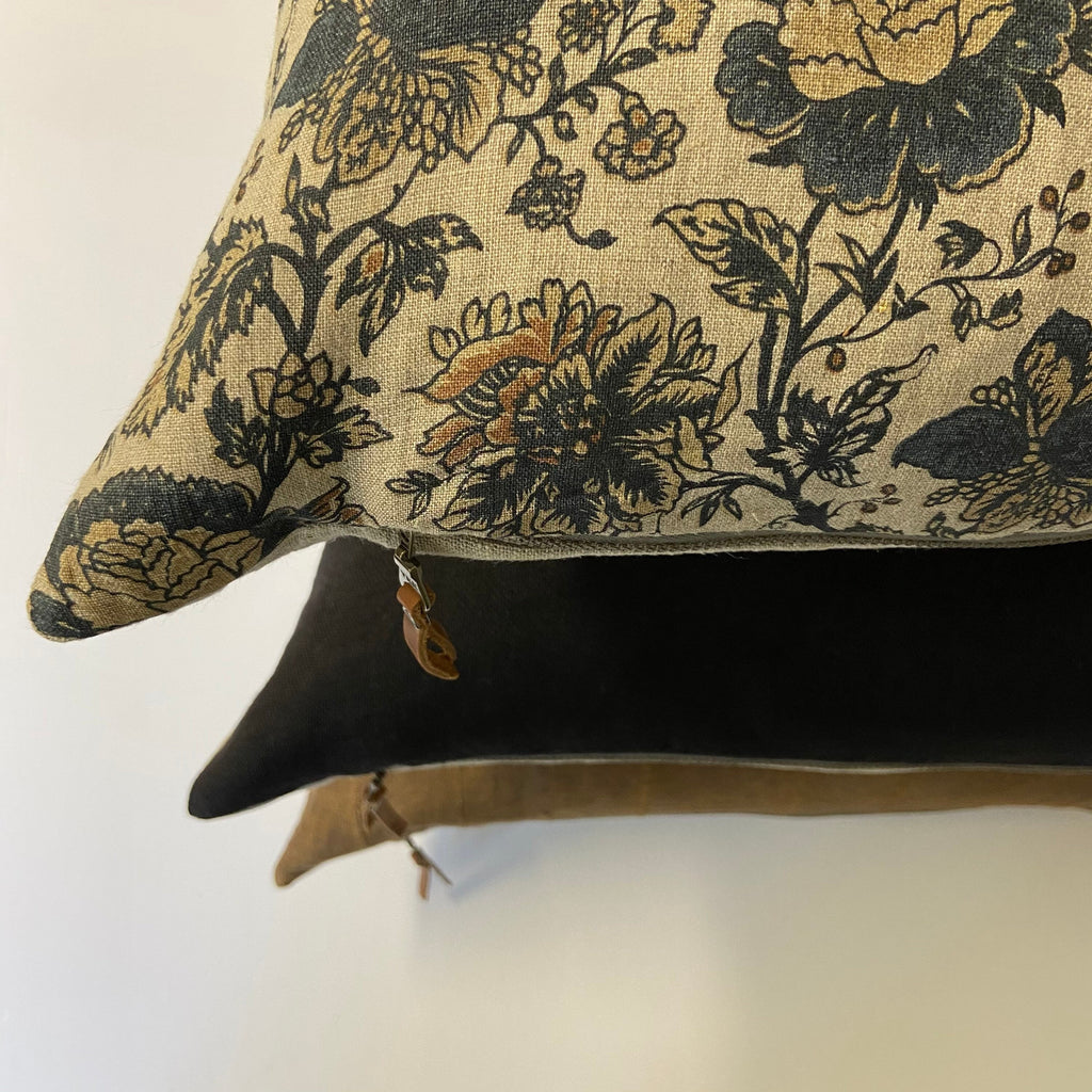 Green linen pillow cover dusty lotus with neutral linen backing exposed zipper-leather pull 20x20 14x24 22x222 24x24 handcrafted by misa