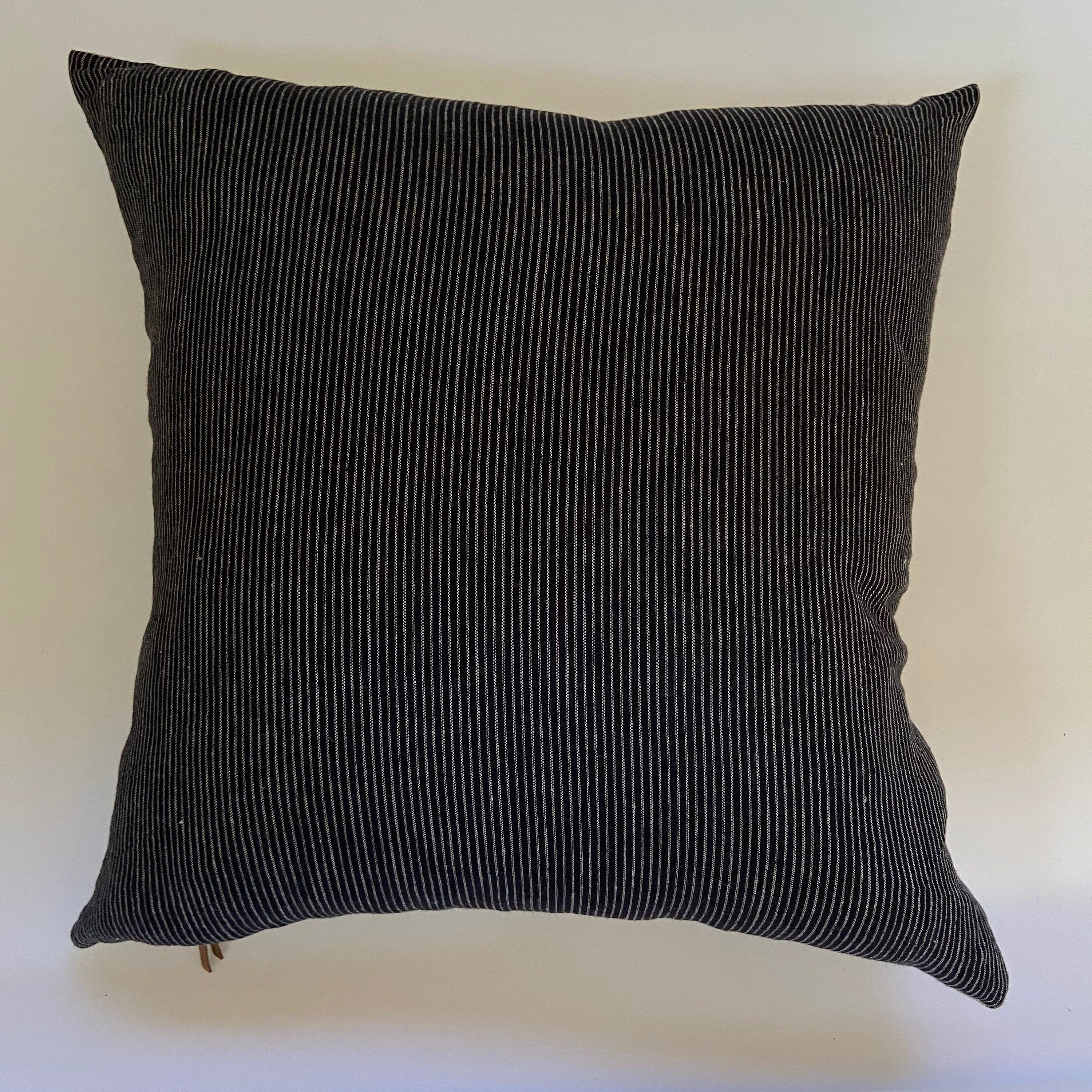 Black and white pinstriped linen pillow black and white stripe cover exposed zipper-leather pull 14x24 18”20”22” 24” high quality 100%linen