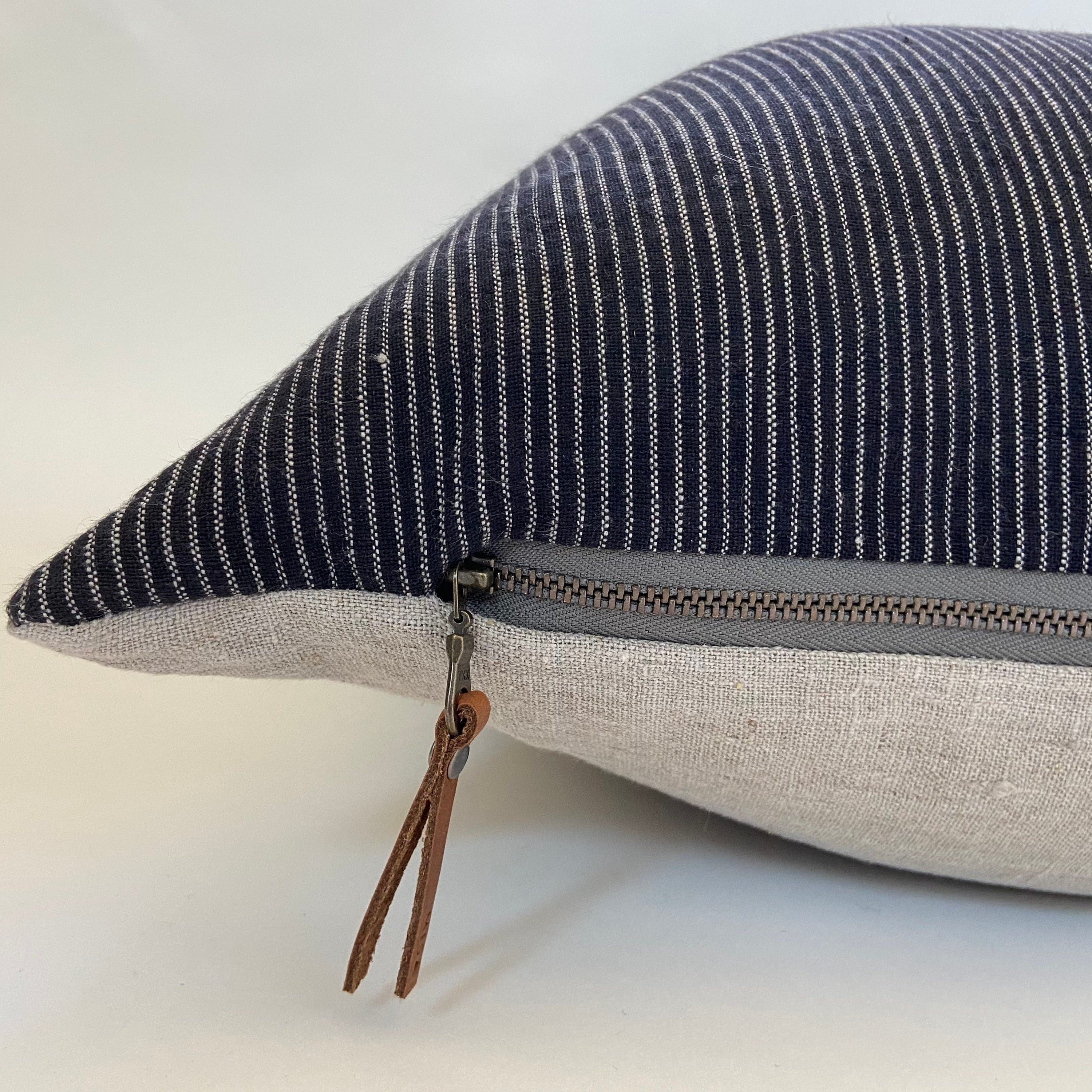 Black and white pinstriped linen pillow black and white stripe cover exposed zipper-leather pull 14x24 18”20”22” 24” high quality 100%linen