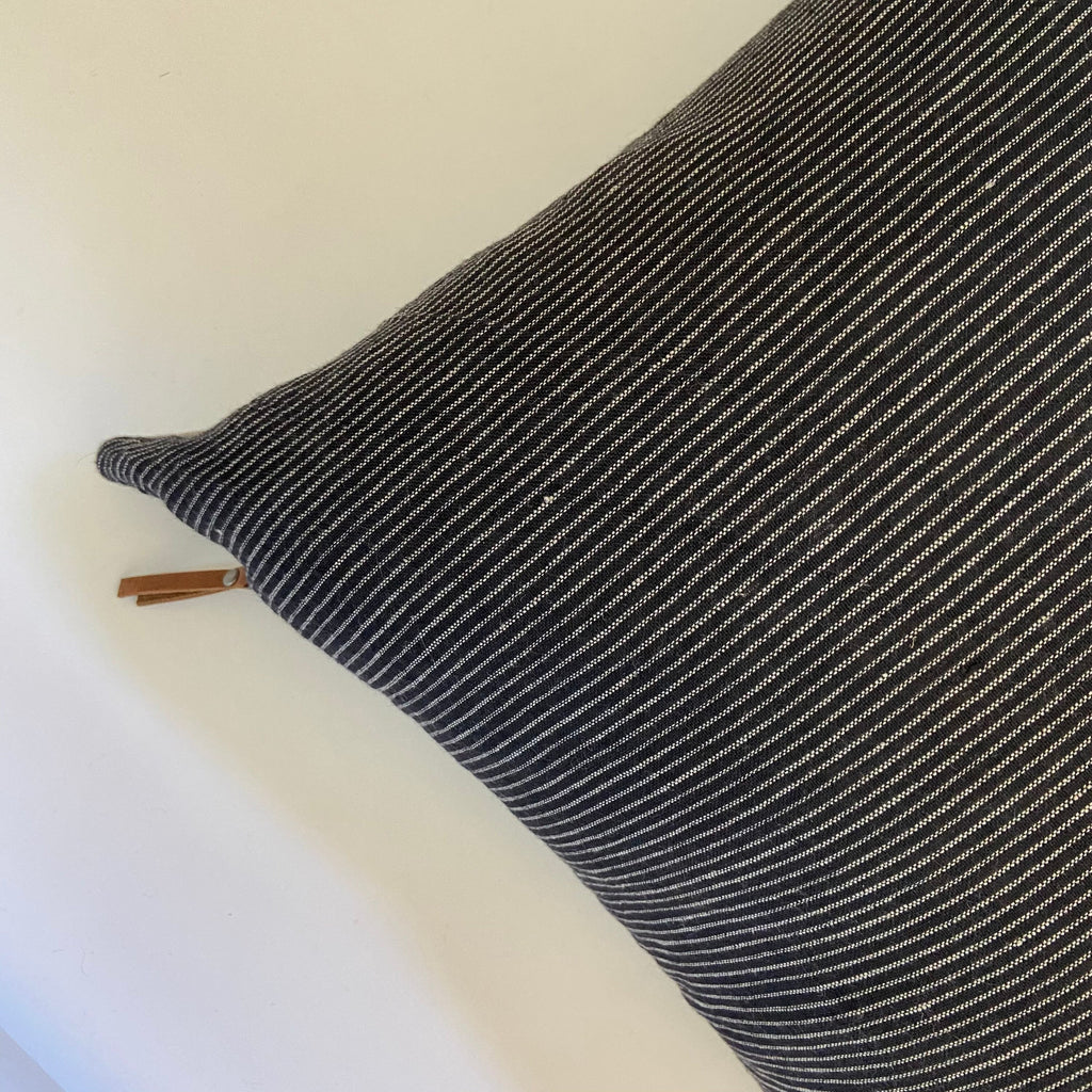 Black and white pinstriped linen pillow black and white stripe cover exposed zipper-leather pull 14x24 18”20”22” 24” high quality 100%linen