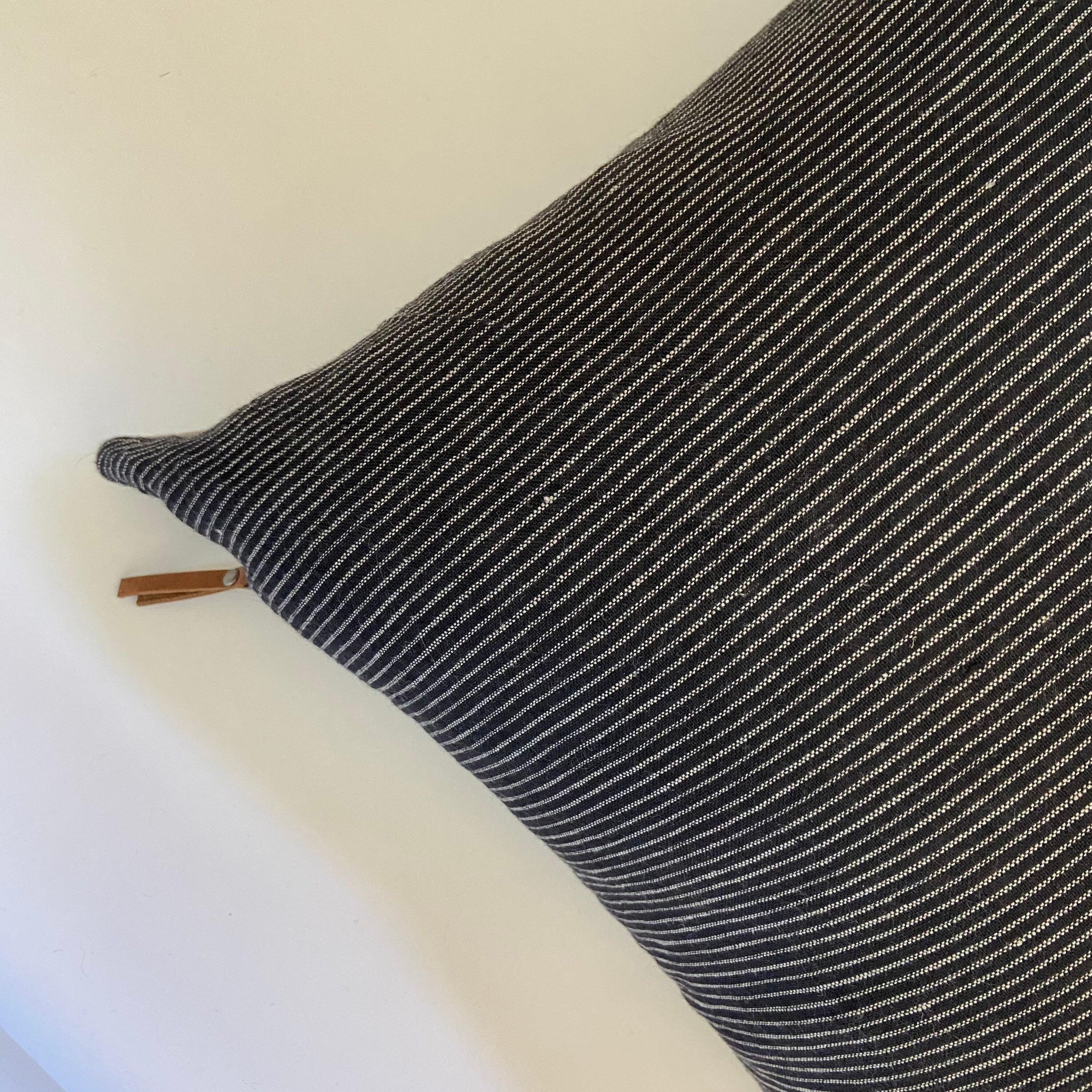 Black and white pinstriped linen pillow black and white stripe cover exposed zipper-leather pull 14x24 18”20”22” 24” high quality 100%linen