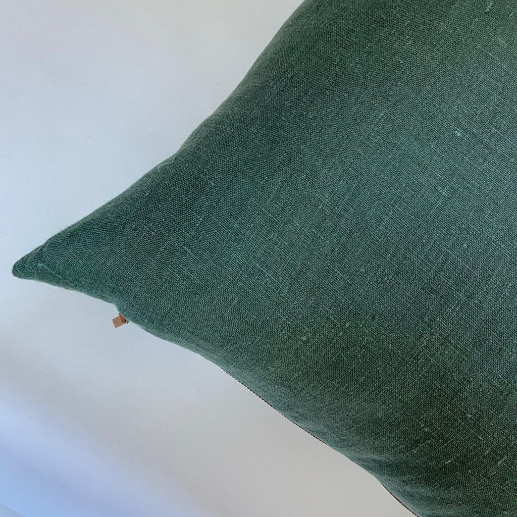 Green linen pillow cover dusty lotus with neutral linen backing exposed zipper-leather pull 20x20 14x24 22x222 24x24 handcrafted by misa