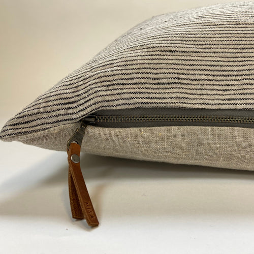 Black and tan striped linen pillow cover black stripe exposed zipper-leather pull 14x24 20"22" 24" high quality 100% linen housewarming gift