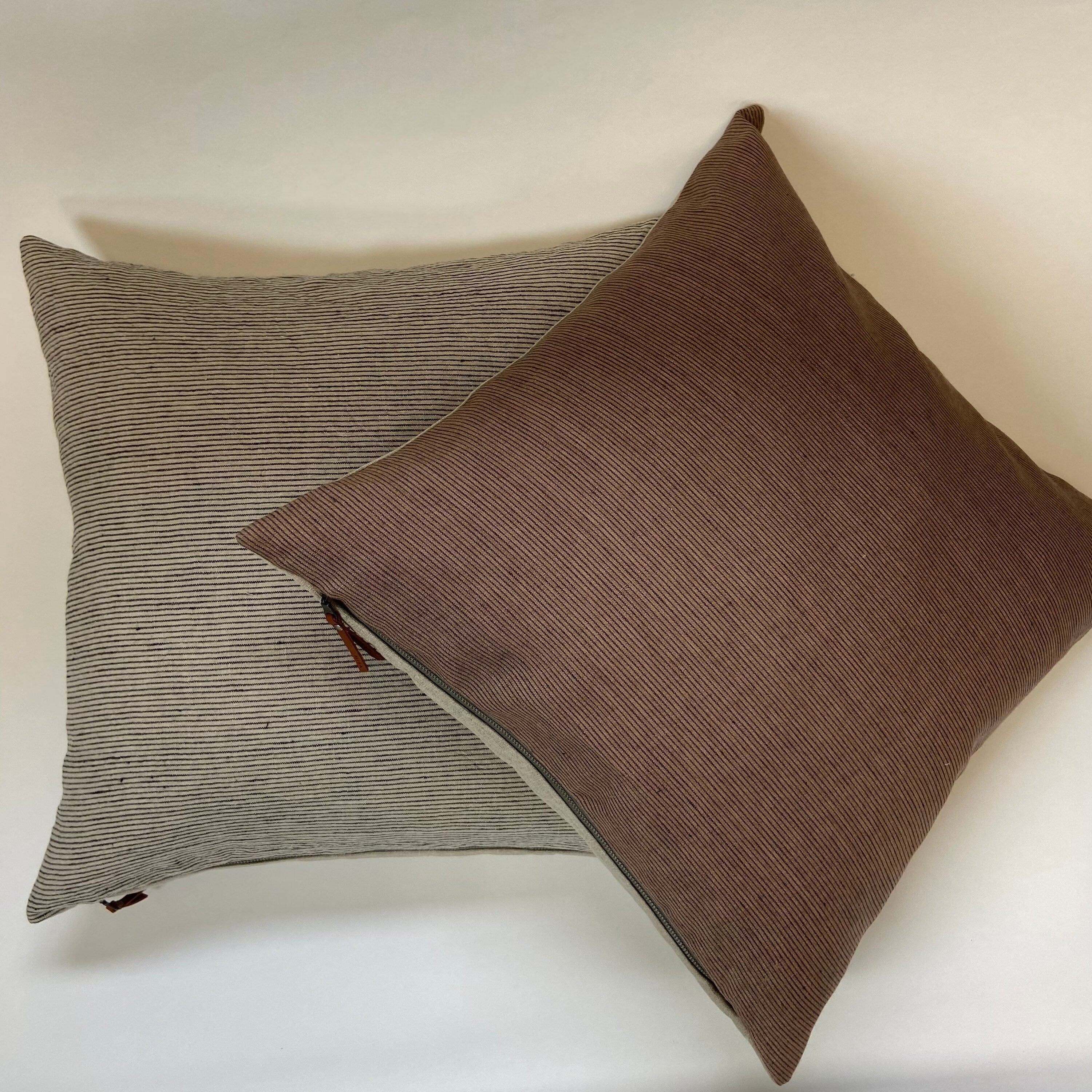 Striped Linen Pillow Cover: Black & Tan with Leather Zipper Pull