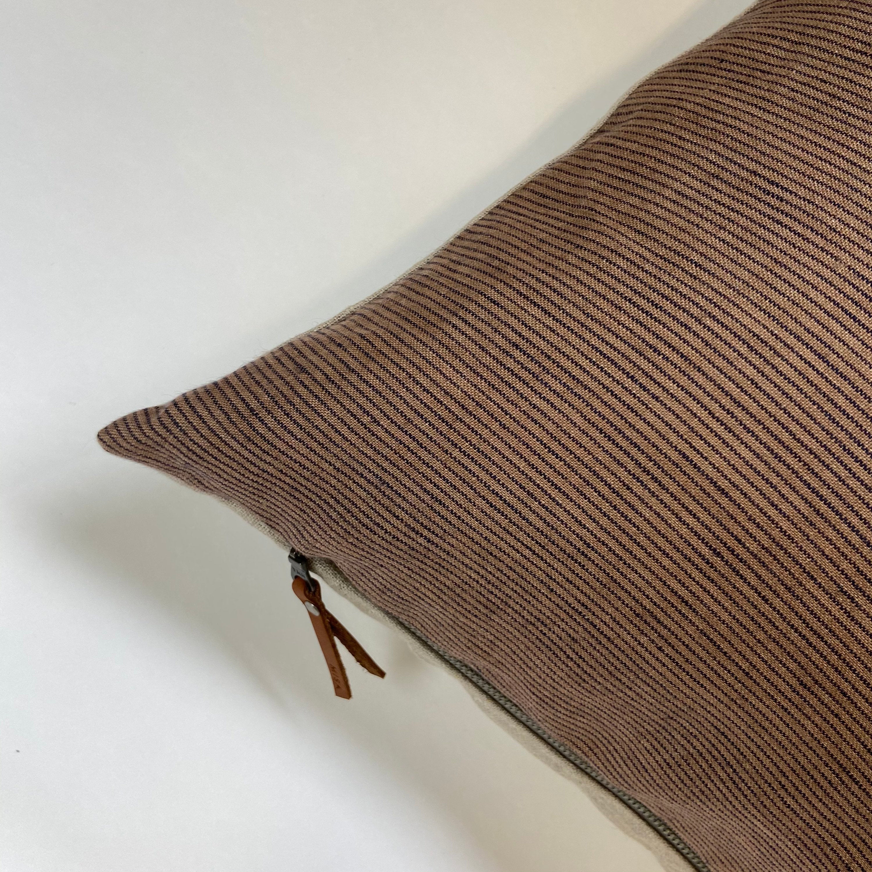 Striped Linen Pillow Cover: Black & Tan with Leather Zipper Pull