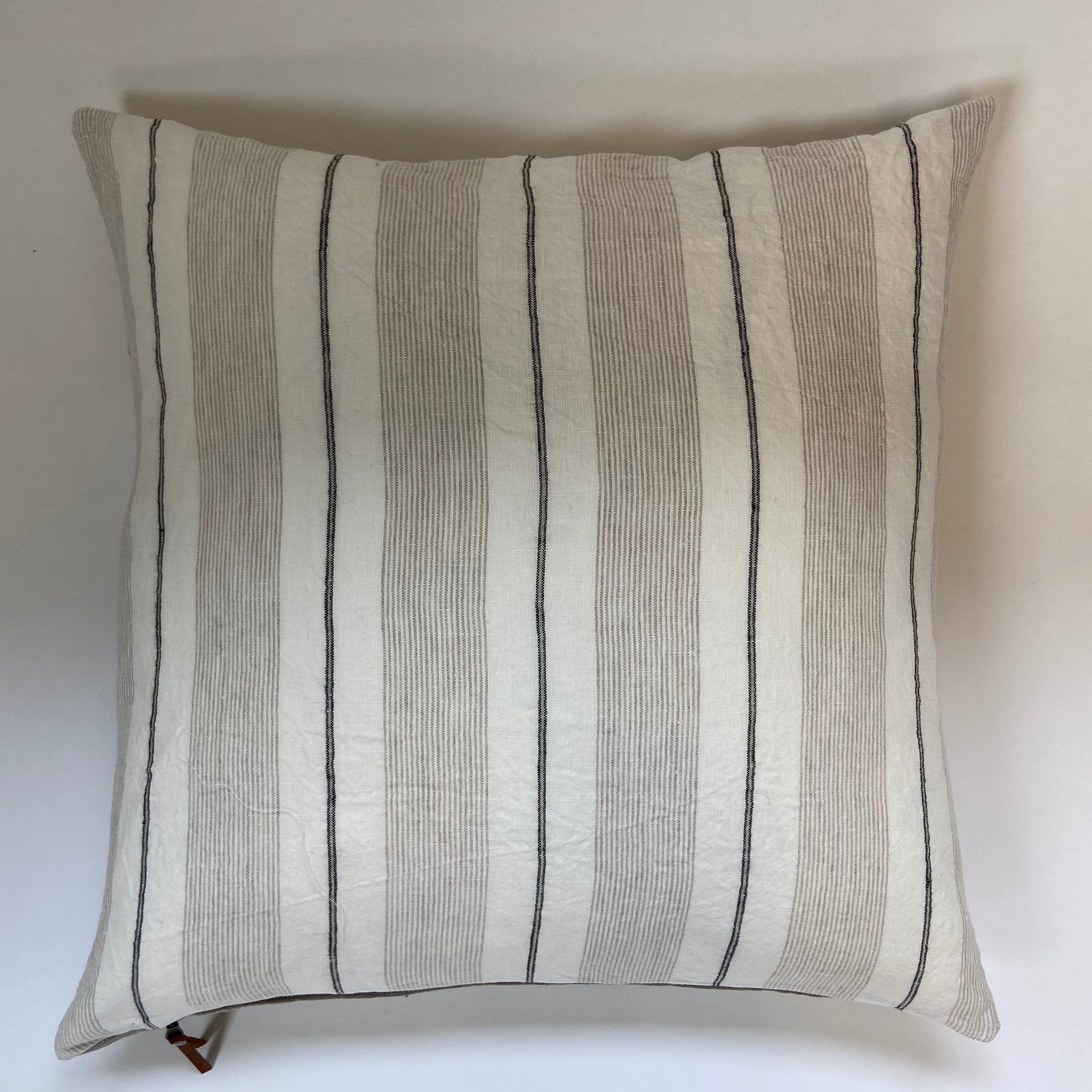 black white and Tan striped linen pillow cover exposed zipper-leather pull 14x24 20"22"24" high quality 100% linen housewarming gift