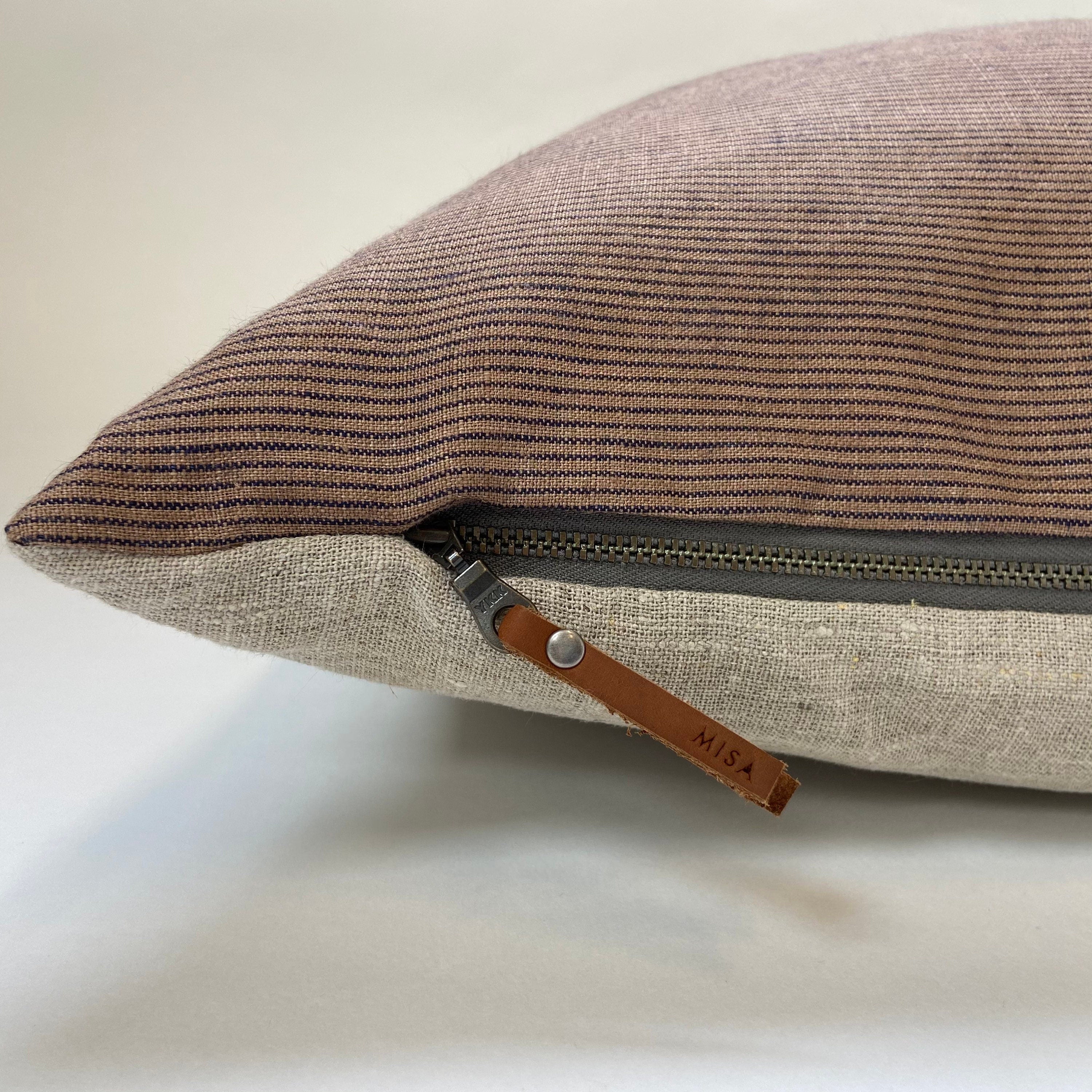Brown and black striped linen pillow cover 100% linen exposed zipper-leather pull 14x24 20x20 24x24 high quality housewarming gift