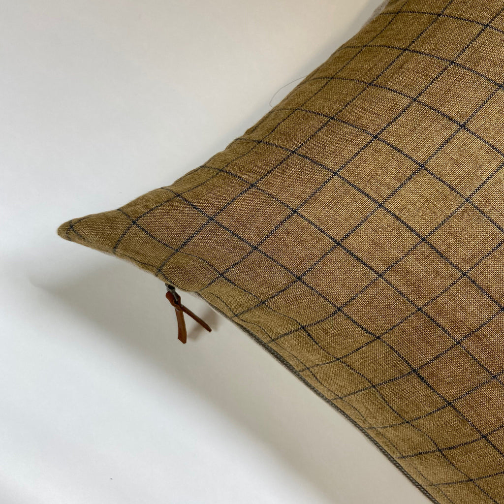 Gold and navy plaid linen pillow cover exposed zipper-leather pull 14x24 20x20 24x24 high quality 100% linen housewarming gift