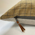 Gold and navy plaid linen pillow cover exposed zipper-leather pull 14x24 20x20 24x24 high quality 100% linen housewarming gift