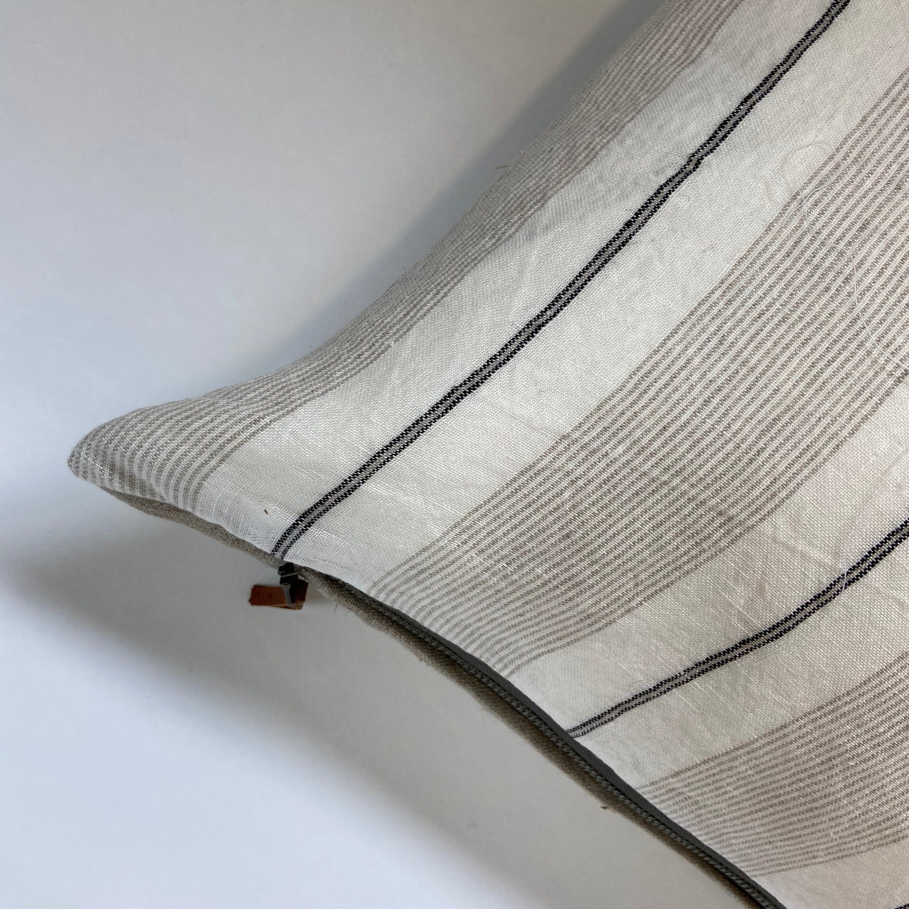 black white and Tan striped linen pillow cover exposed zipper-leather pull 14x24 20"22"24" high quality 100% linen housewarming gift