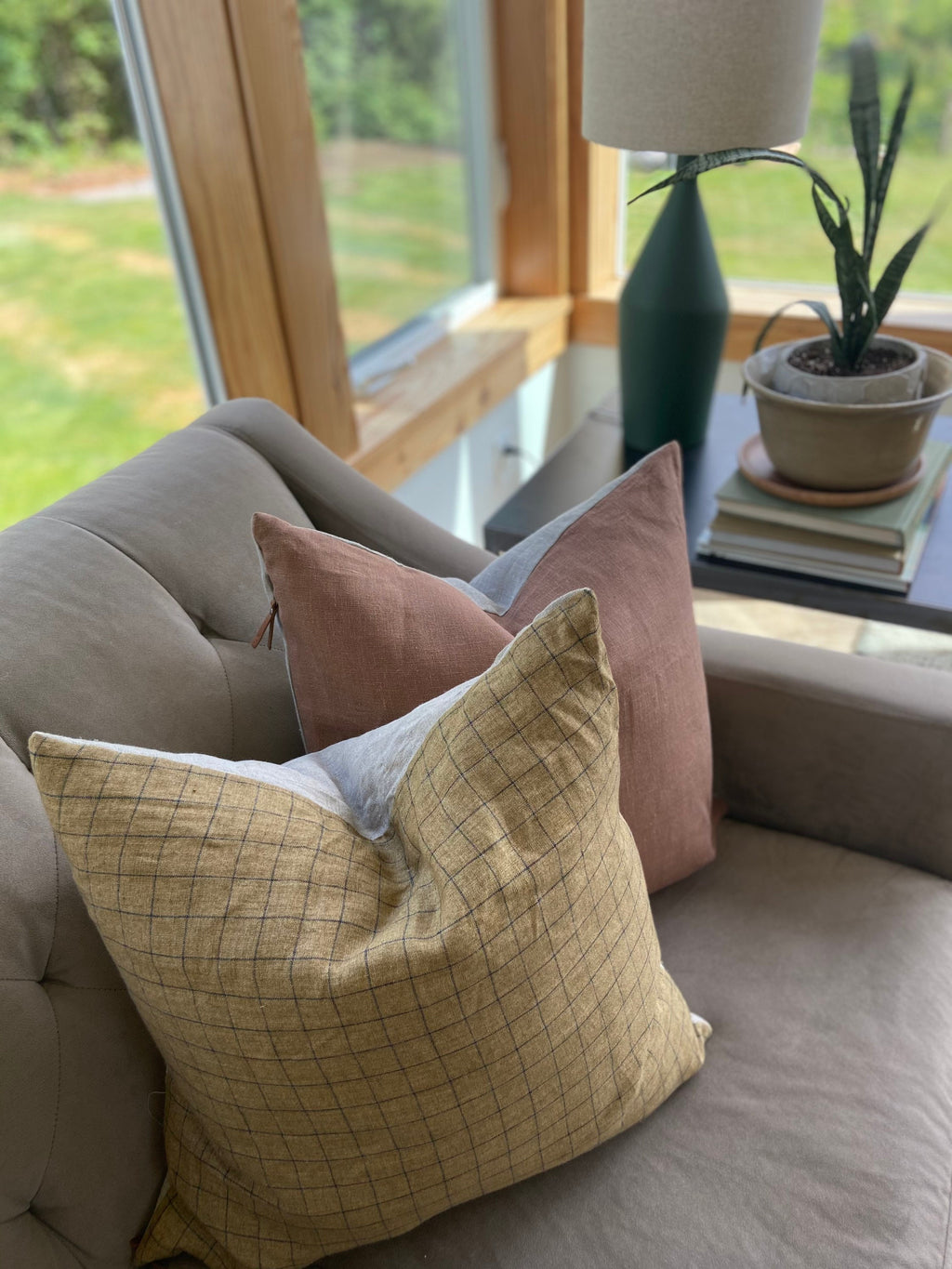Gold and navy plaid linen pillow cover exposed zipper-leather pull 14x24 20x20 24x24 high quality 100% linen housewarming gift