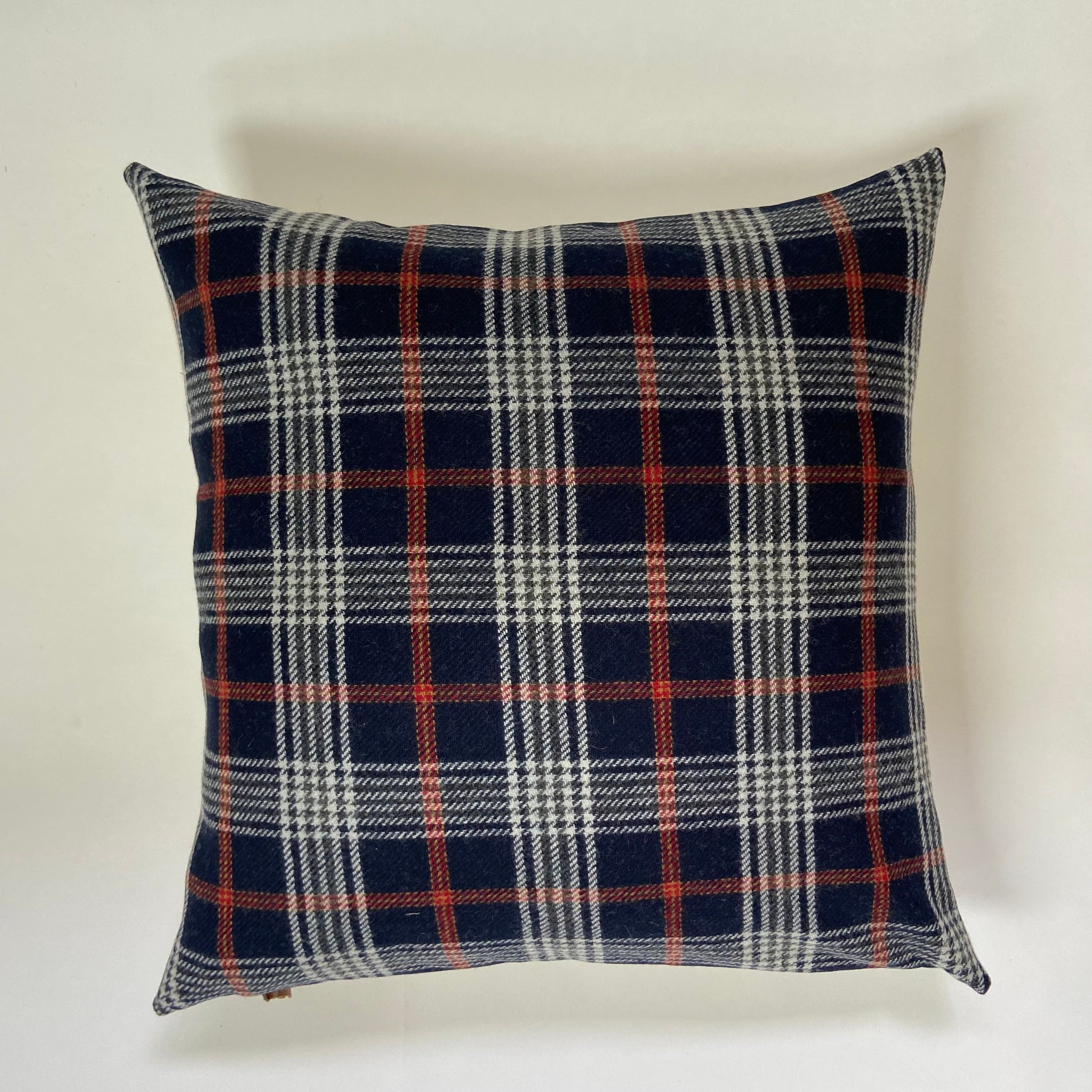 Blue and red plaid wool pillow cover housewarming gift exposed zipper 14x24 24"22"20" handmade