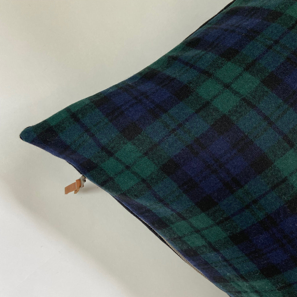 Handcrafted Navy & Green Plaid Wool Pillow Cover with Leather Pull