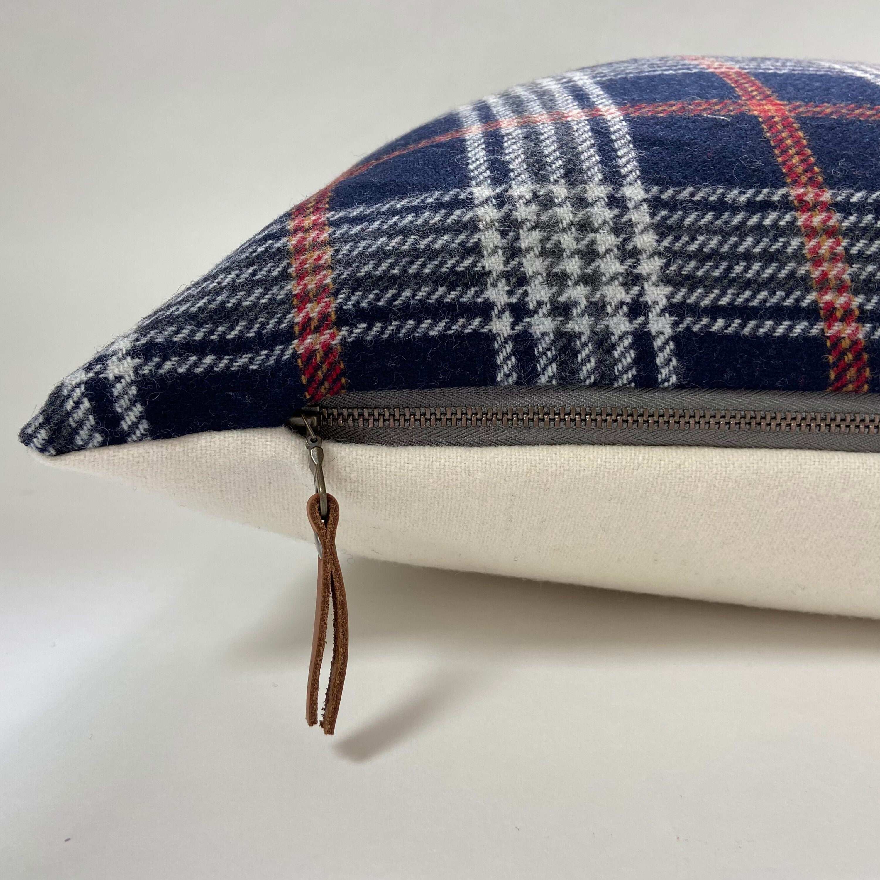 Blue and red plaid wool pillow cover housewarming gift exposed zipper 14x24 24"22"20" handmade