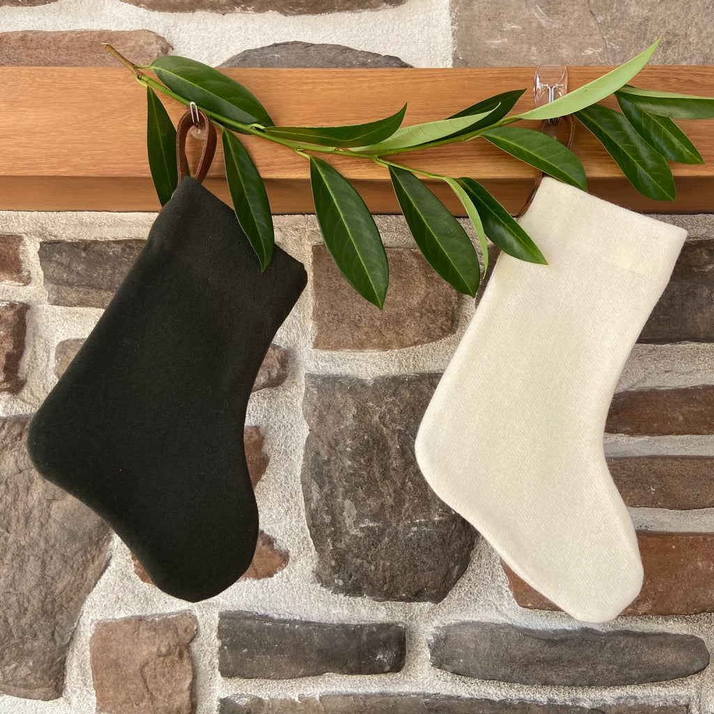 Christmas stocking cream wool baby puppy kitty mini stocking with leather hanging tabs handmade