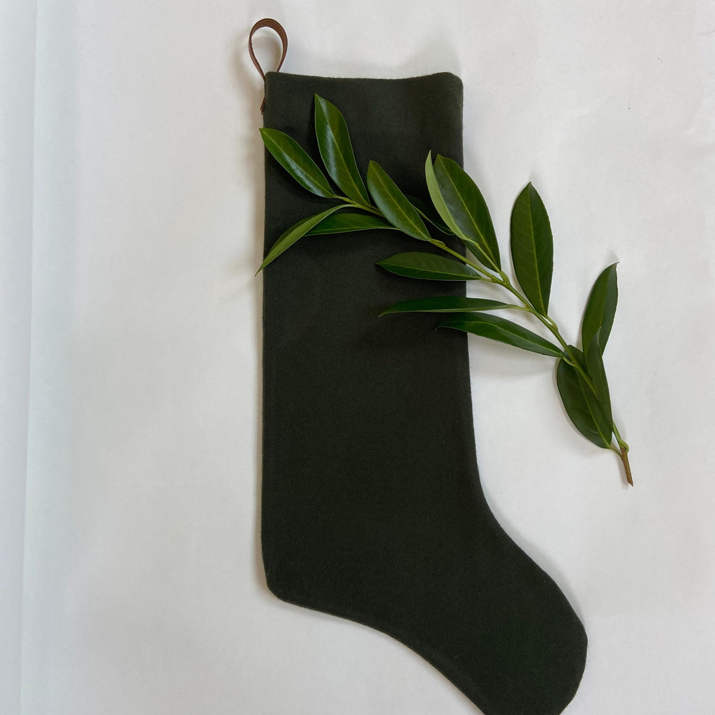 Christmas stocking green wool baby puppy olive stocking with leather hanging tabs handmade many available