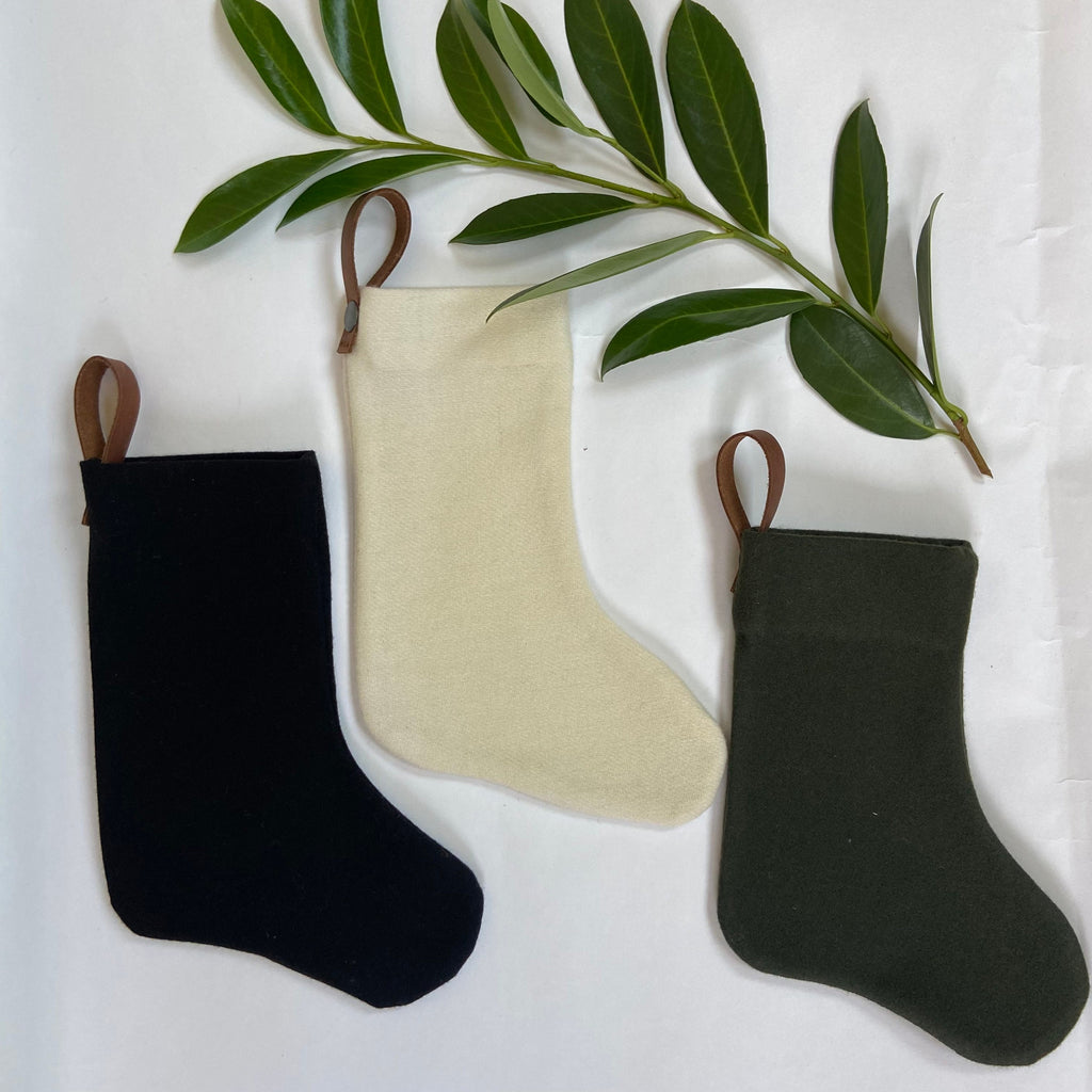 Christmas stocking cream wool baby puppy kitty mini stocking with leather hanging tabs handmade