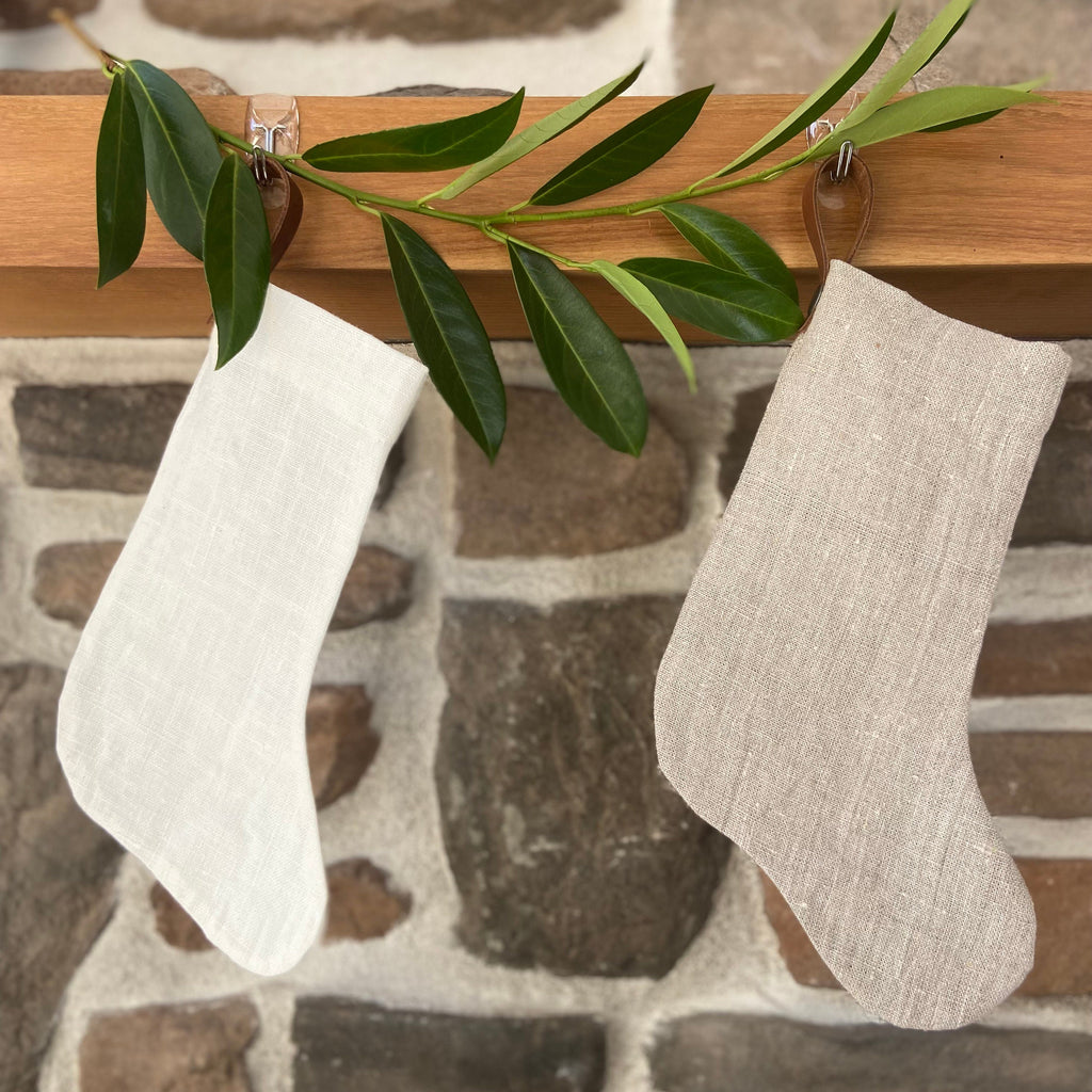 Christmas stocking white linen baby dog cat mini linen stocking with leather hanging tabs hand stitched high quality linen