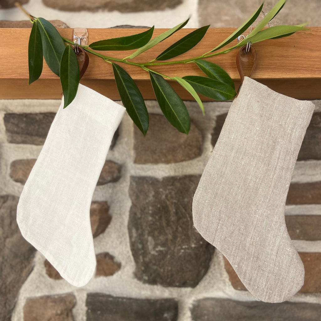 Christmas stocking Natural linen baby puppy kitten mini stocking leather hanging tabs handmade hand stitched High quality linen
