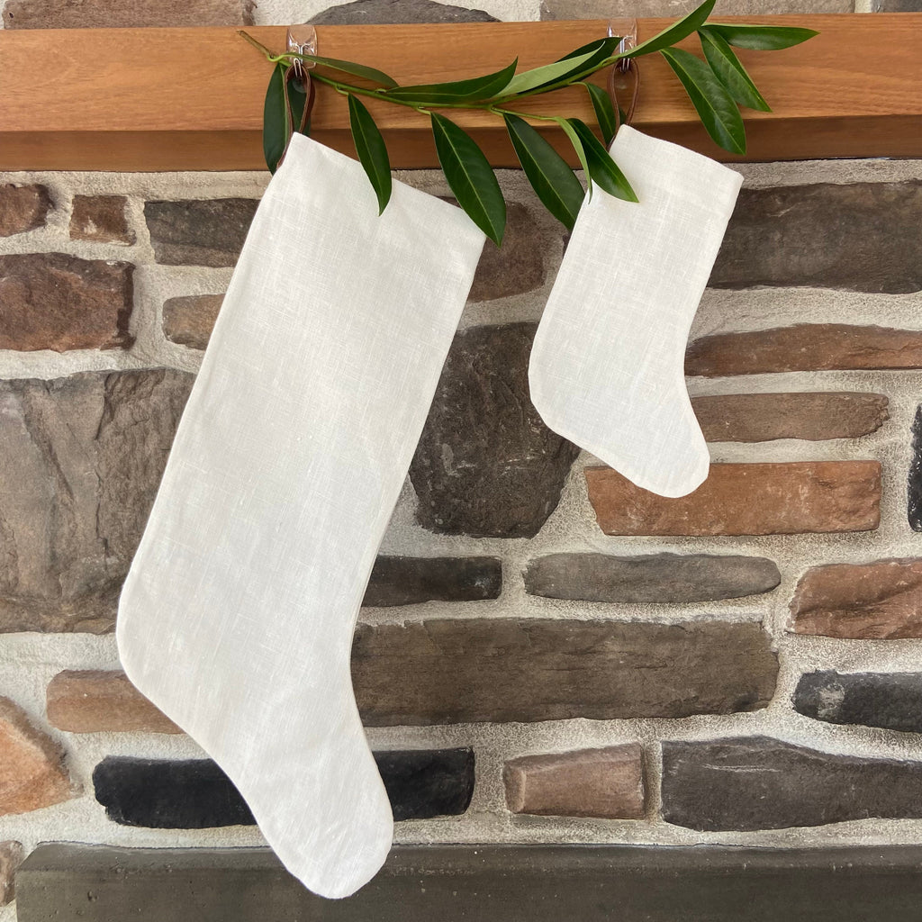 Christmas stocking white linen leather hanging tabs handmade handstiched high quality
