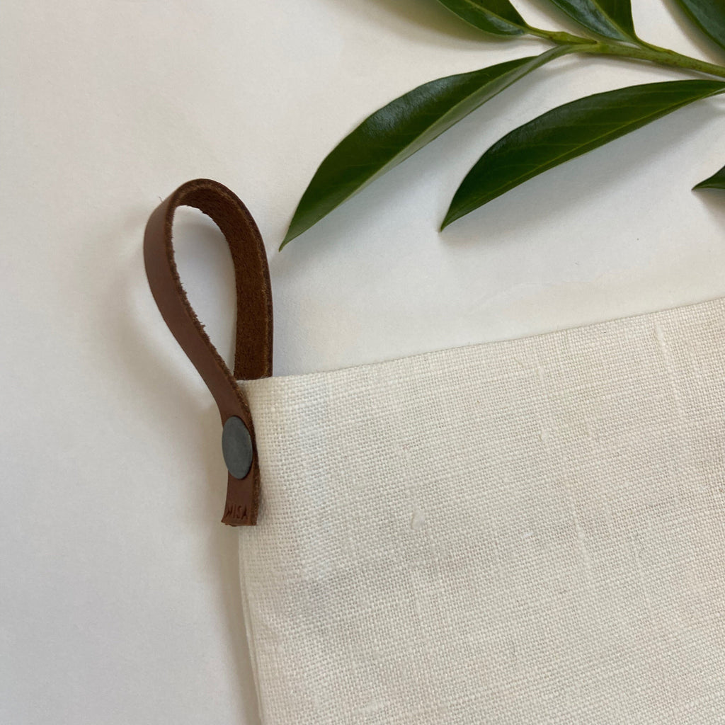 Christmas stocking white linen leather hanging tabs handmade handstiched high quality