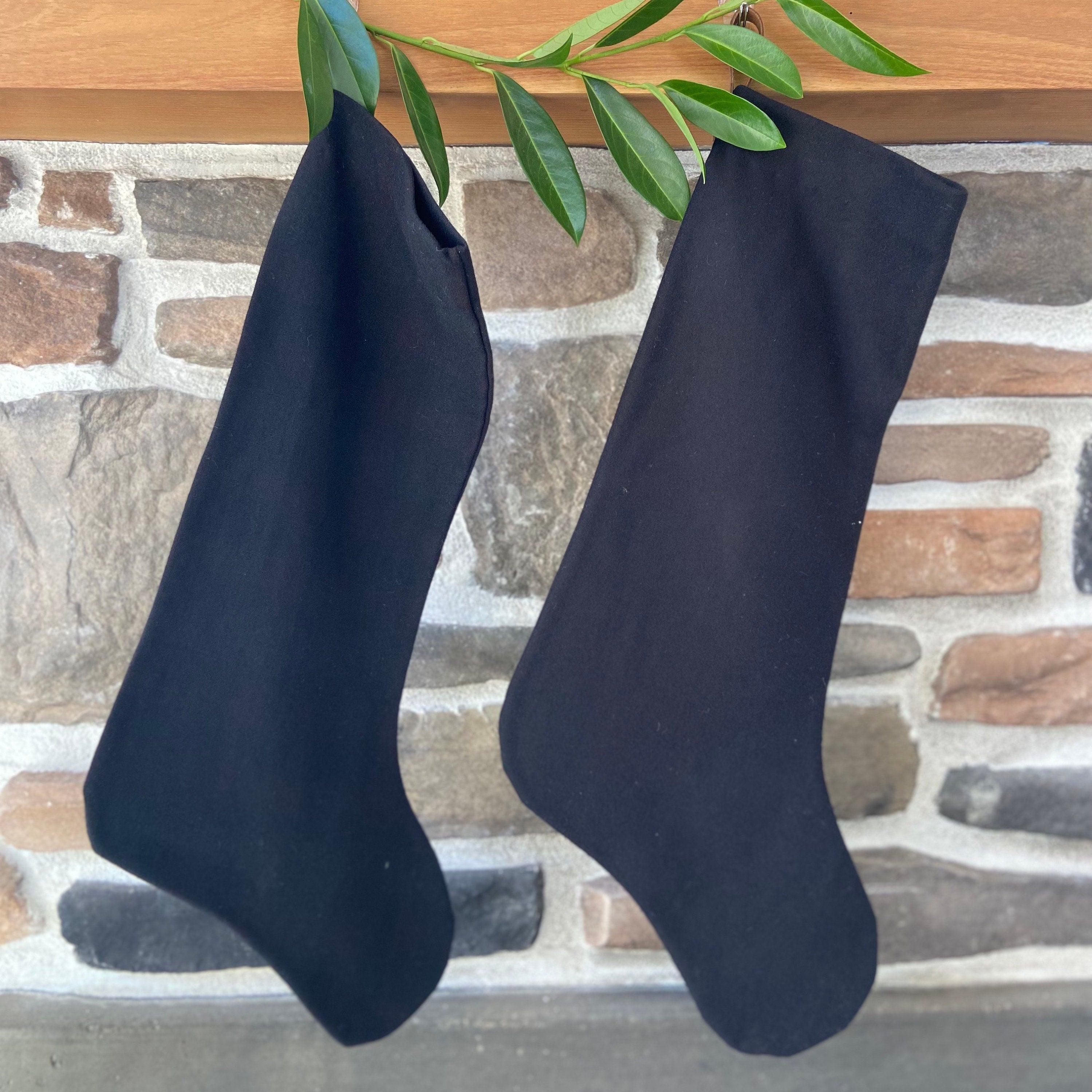 Christmas stocking black wool stocking leather hanging tabs handmade large and mini version available