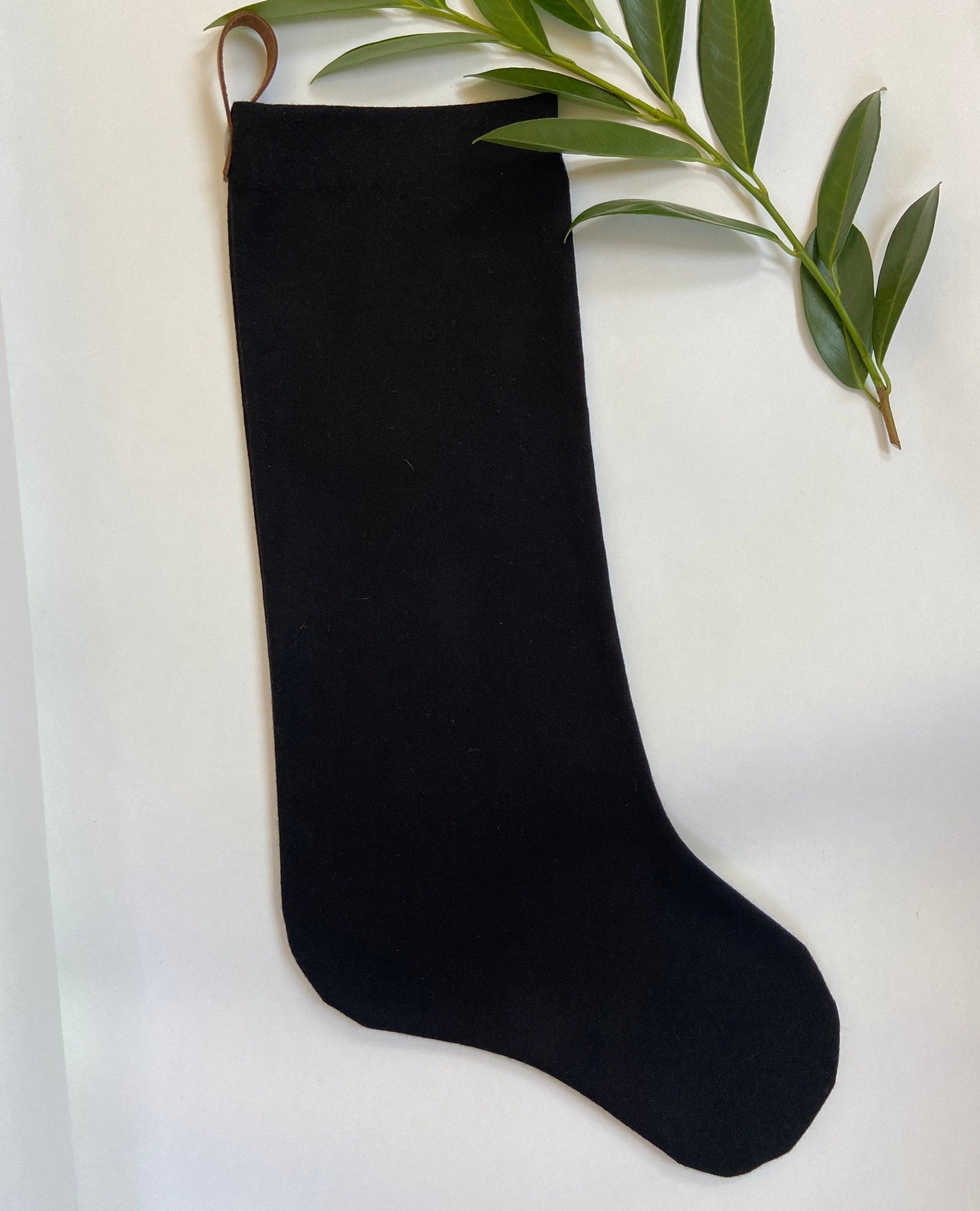 Christmas stocking black wool stocking leather hanging tabs handmade large and mini version available