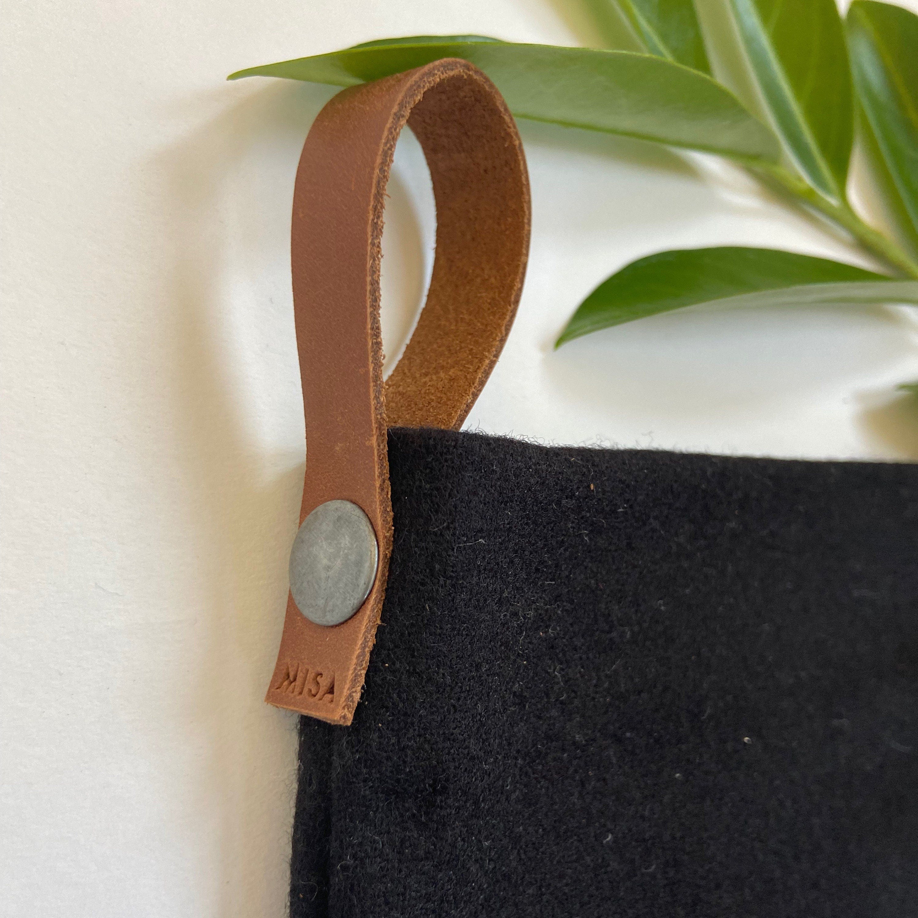 Christmas stocking black wool stocking leather hanging tabs handmade large and mini version available