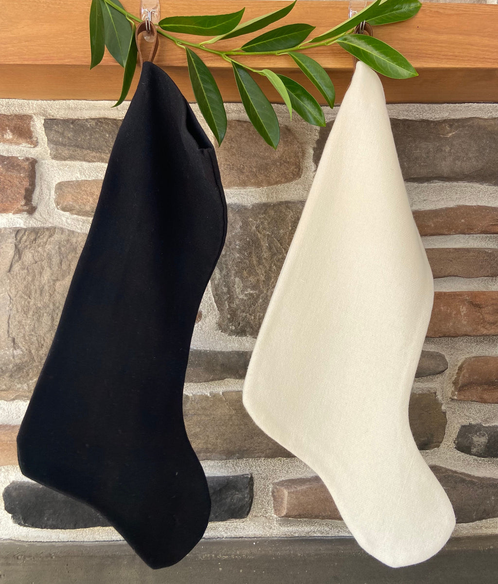 Christmas stocking black wool stocking leather hanging tabs handmade large and mini version available