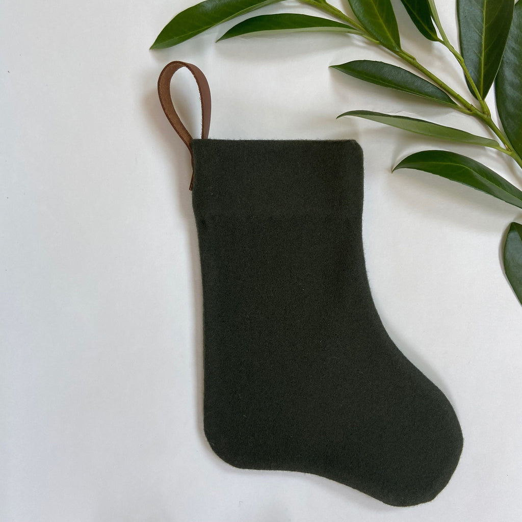 Christmas stocking green wool baby puppy olive stocking with leather hanging tabs handmade many available