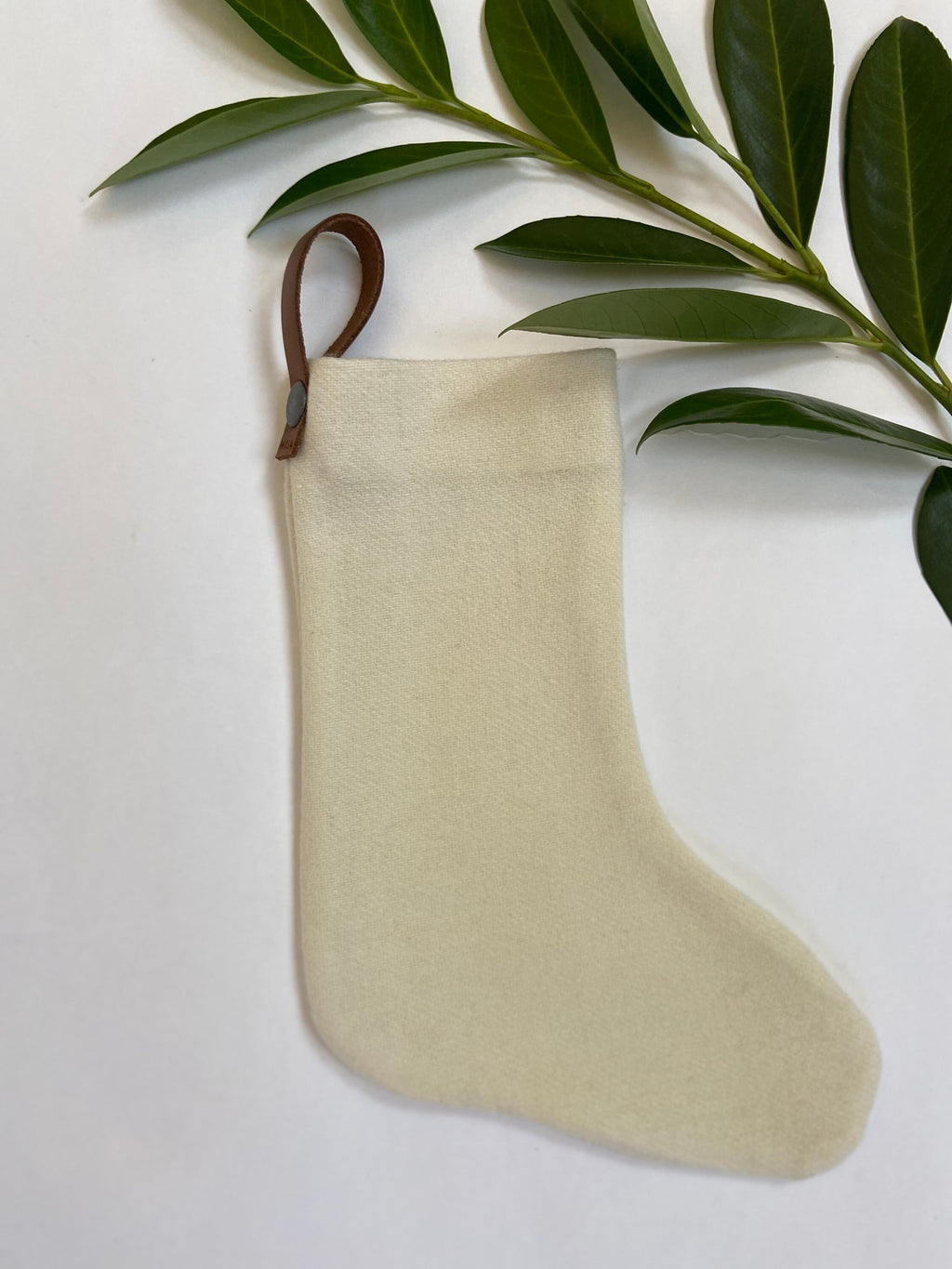 Christmas stocking cream wool baby puppy kitty mini stocking with leather hanging tabs handmade