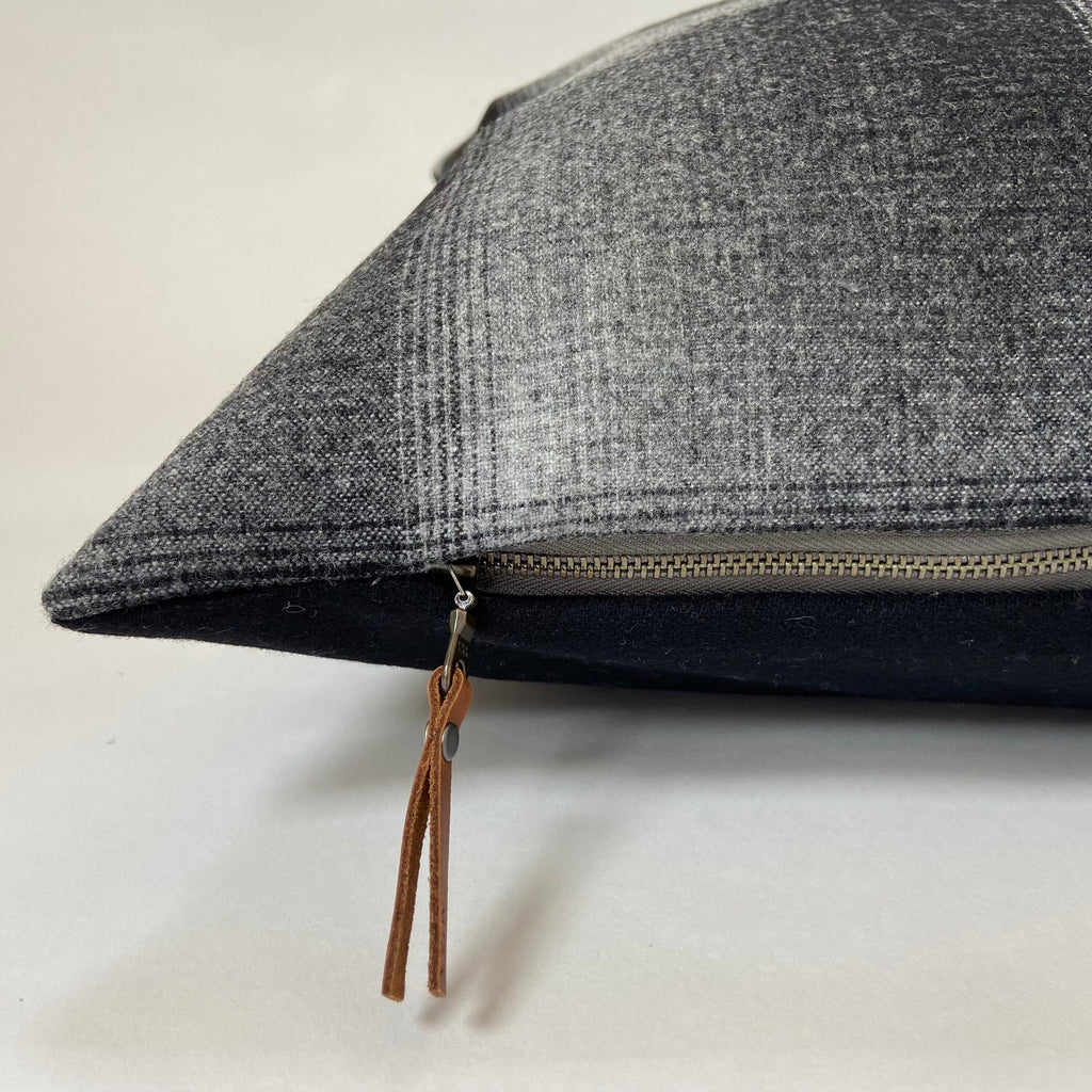 Black and white plaid wool pillow cover exposed zipper-leather pull 24"20" handmade housewarming gift