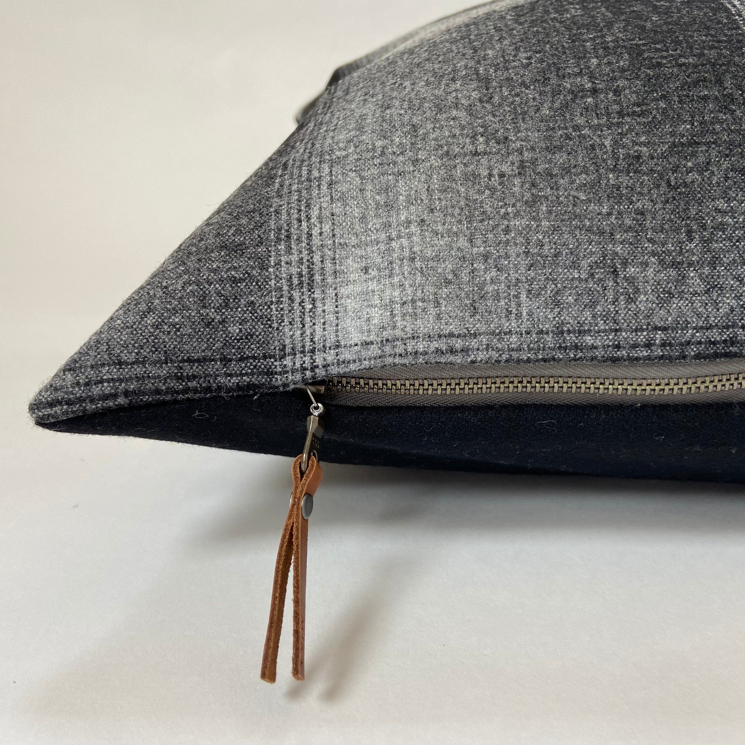 Black and white plaid wool pillow cover exposed zipper-leather pull 24"20" handmade housewarming gift