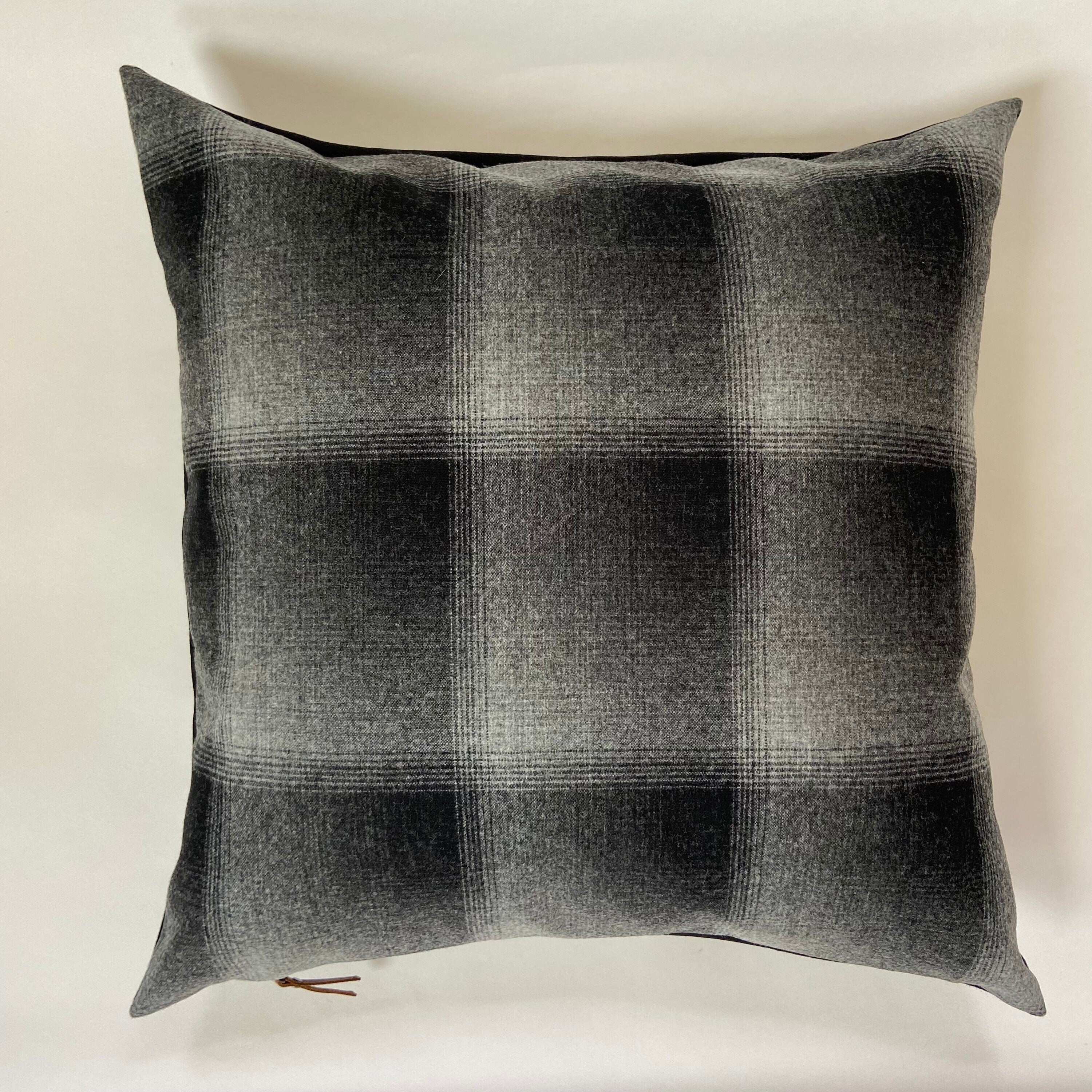 Black and white plaid wool pillow cover exposed zipper-leather pull 24"20" handmade housewarming gift