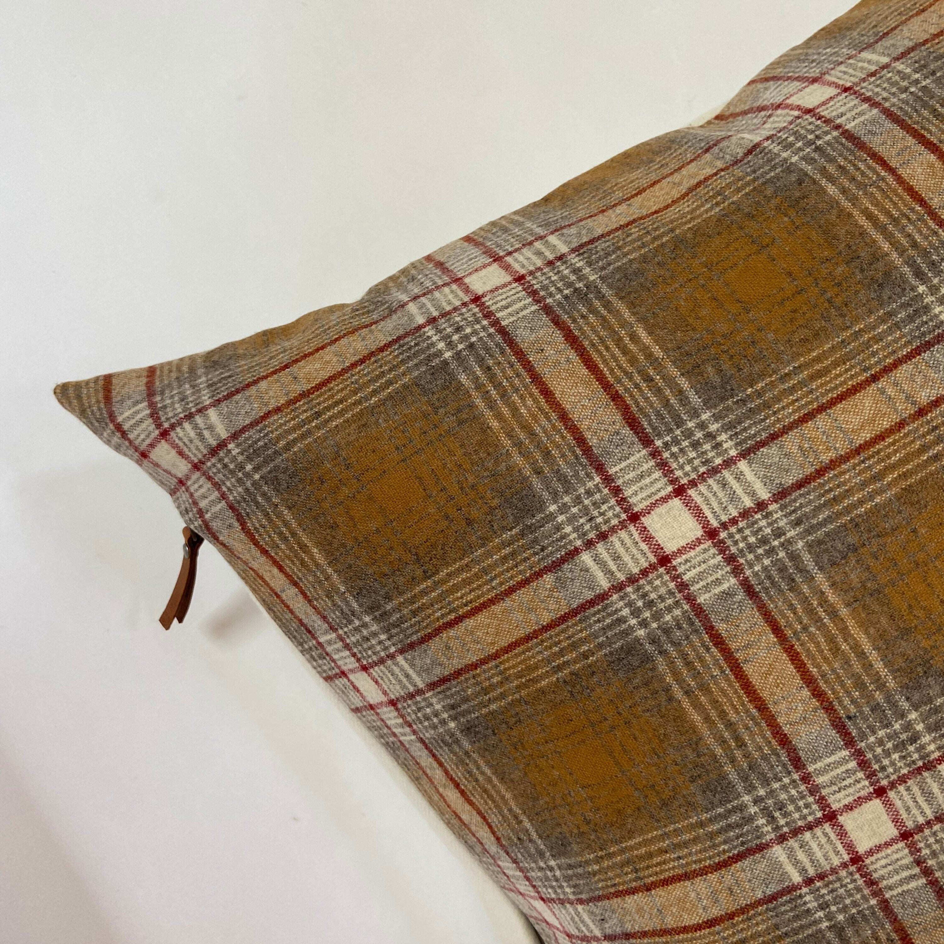 Black and white plaid wool pillow cover exposed zipper-leather pull 24"20" handmade housewarming gift