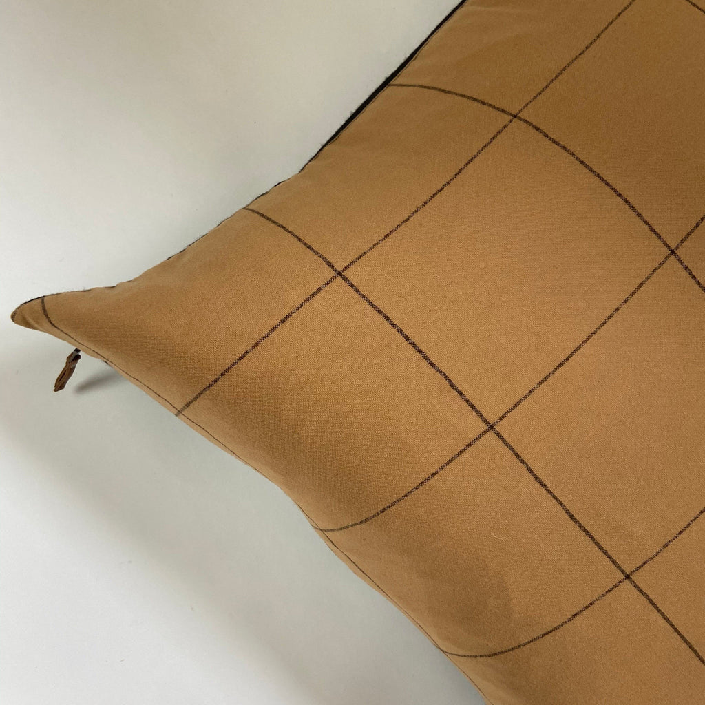 Black and ginger plaid wool pillow cover exposed zipper-leather pull 14x24 24x24 22x22" 20x20 handmade