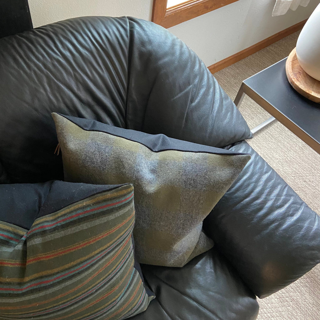 Gray and olive green wool plaid pillow cover exposed zipper leather pull 14x24 20” 24”handmade